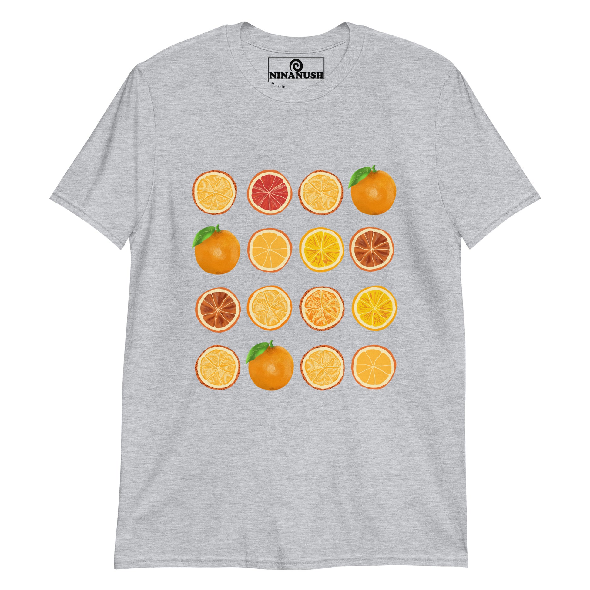 Gray fruit lover t-shirt with colorful orange slices - This colorful fruit t-shirt has 16 bright oranges printed on a classic t-shirt. If you love oranges, this foodie t-shirt is just what you need. It's a totally unique orange slices shirt that's funky and perfect for orange enthusiasts. Eat oranges in style and stand out in an orange lover t-shirt made just for you. 