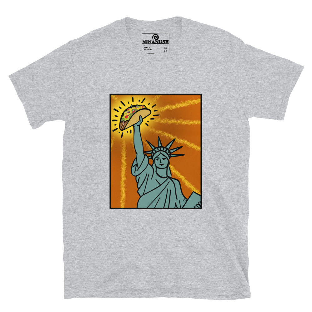 Gray taco nyc t-shirt - A funny taco t-shirt with the Statue of Liberty holding a taco. This weird NYC shirt for taco lovers and foodies, showcases your love for tacos and the Big Apple. With its colorful, funky, hand-drawn design, this unique streetwear tee stands out. Make a statement, look good, and eat tacos with this eye-catching foodie shirt.