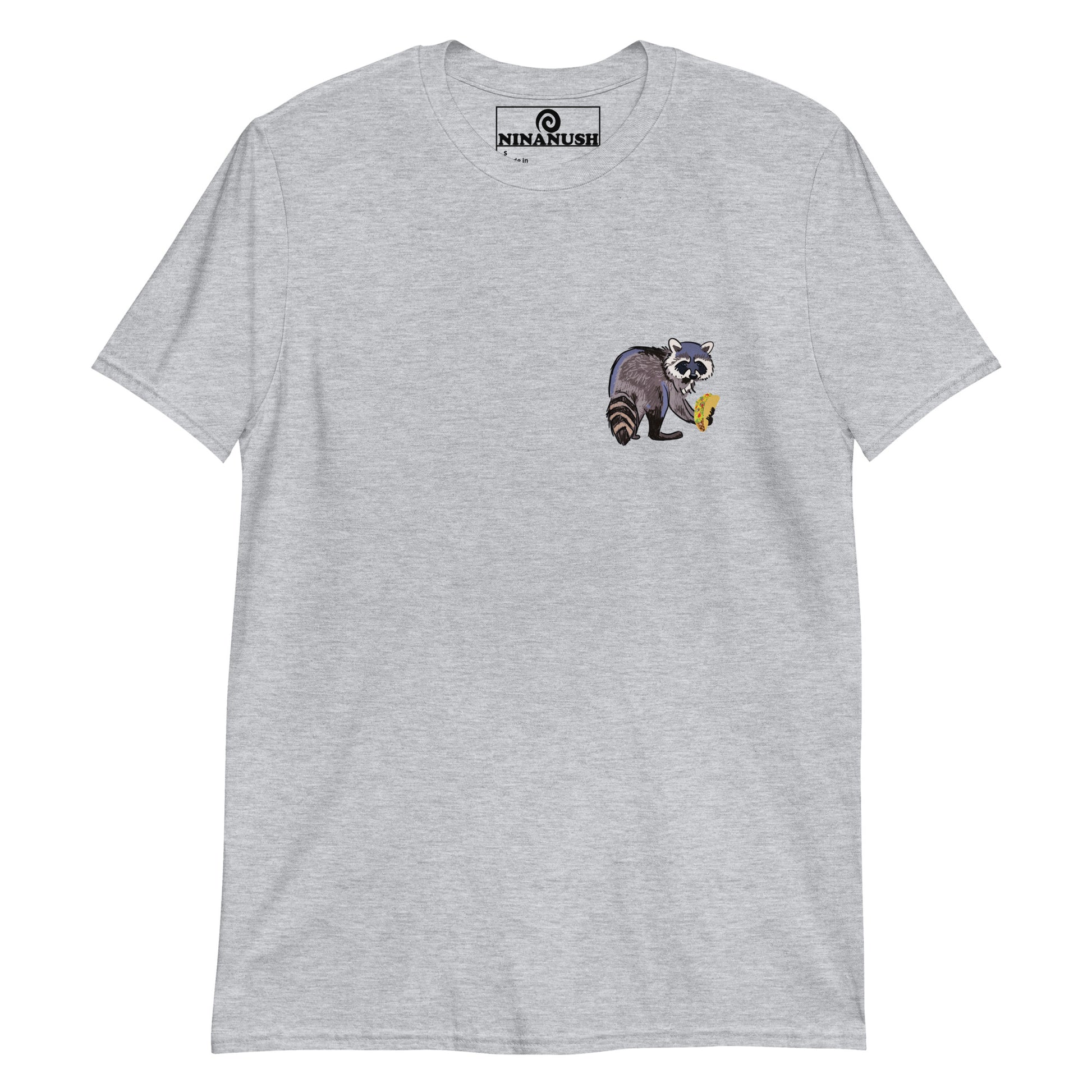 Gray t-shirt with funny raccoon eating a taco - Taco and raccoon graphic tee! It has a hand-drawn design of a raccoon eating a taco and it's sure to catch anyone's attention. Whether you're a taco enthusiast or just looking for a fun conversation starter, this funny raccoon lover t-shirt is just what you need. It's also a great gift for your raccoon or taco-loving friend. 