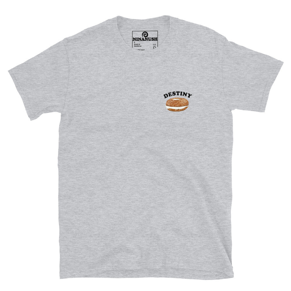 Light gray bagel lover shirt - Make a statement as a bagel-loving foodie with our funny "Destiny Bagel" T-shirt. This unique graphic tee features a bagel and the word "destiny." Whether you're eating bagels or expressing your passion for food, this random and weird shirt is just what you need. It also makes a fantastic gift for fellow bagel enthusiasts. 