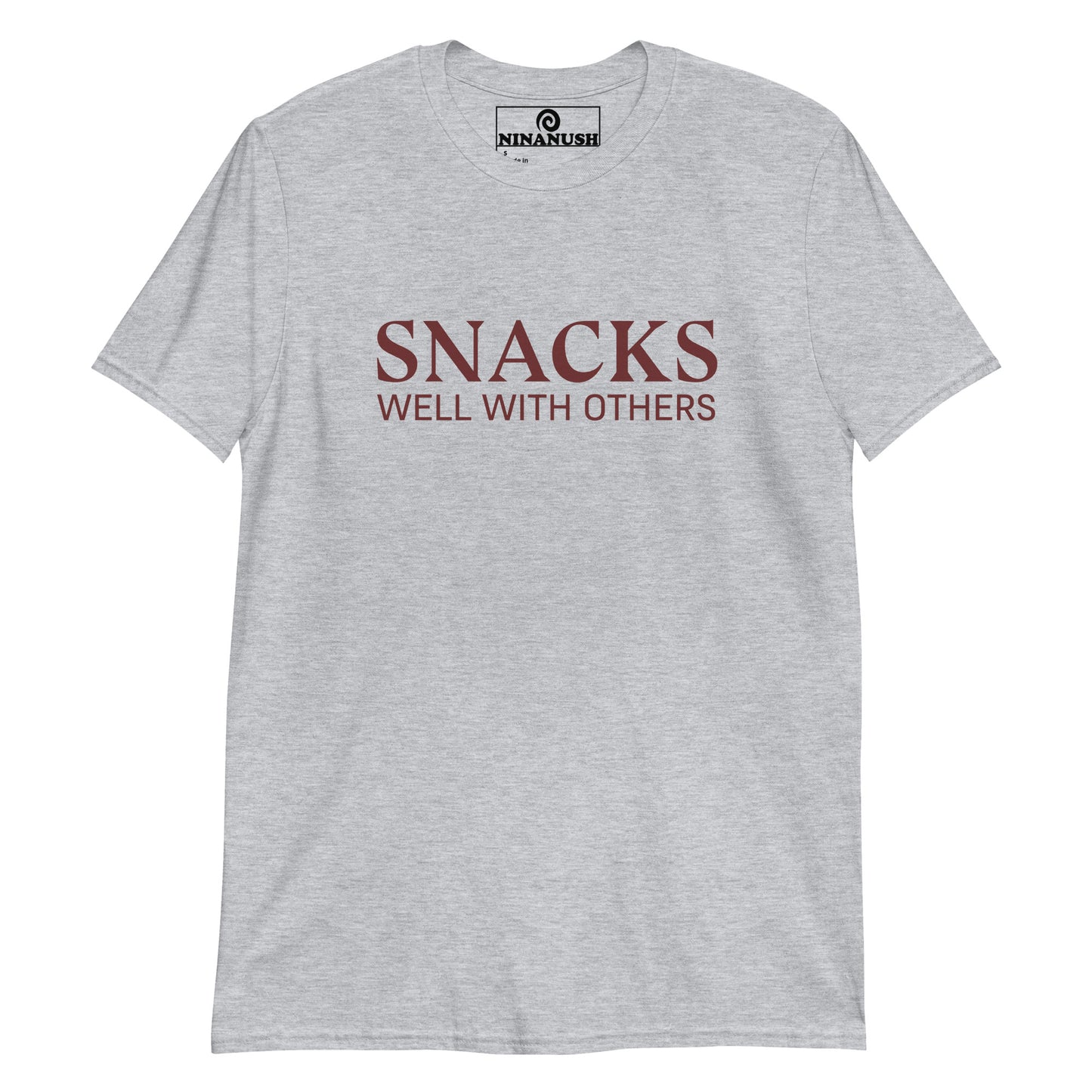 Gray funny snack shirt for social eaters - Snacks well with others! A classic cotton tee with a funny snack lover saying on the front. This funny food t-shirt is designed for snack enthusiasts and made just for you. Embrace your inner snack monster and let your passion shine with this eye-catching social snacker graphic tee. Eat snacks in our funny snack tee.