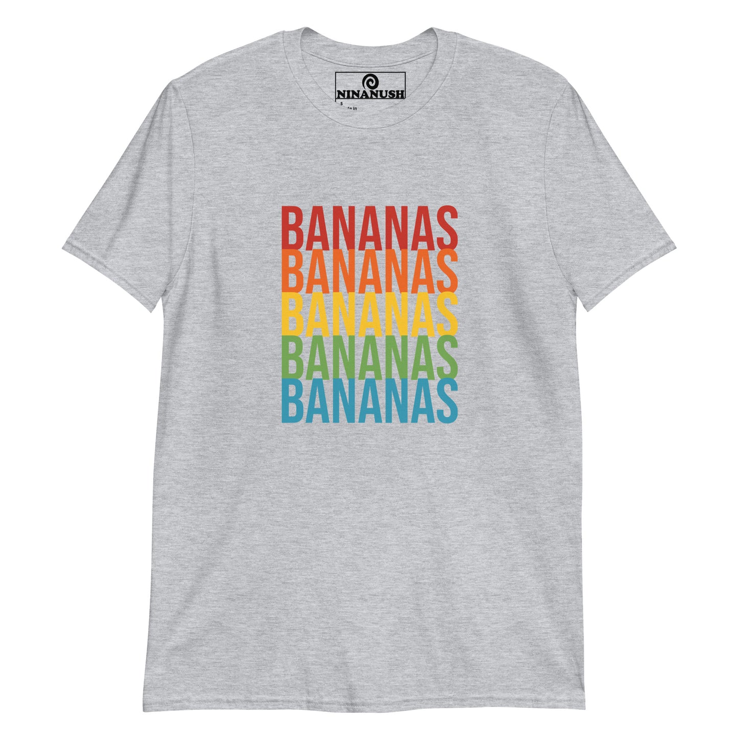 Light gray bananas t-shirt in colorful design - A classic cotton T-Shirt with the word "banana" printed in bold colors on the front. It's soft, comfortable and made just for you and your favorite banana enthusiast. This funny food shirt is designed for banana lovers and makes a unique gift for foodies of all kinds. Celebrate your favorite foods in our foodie apparel.