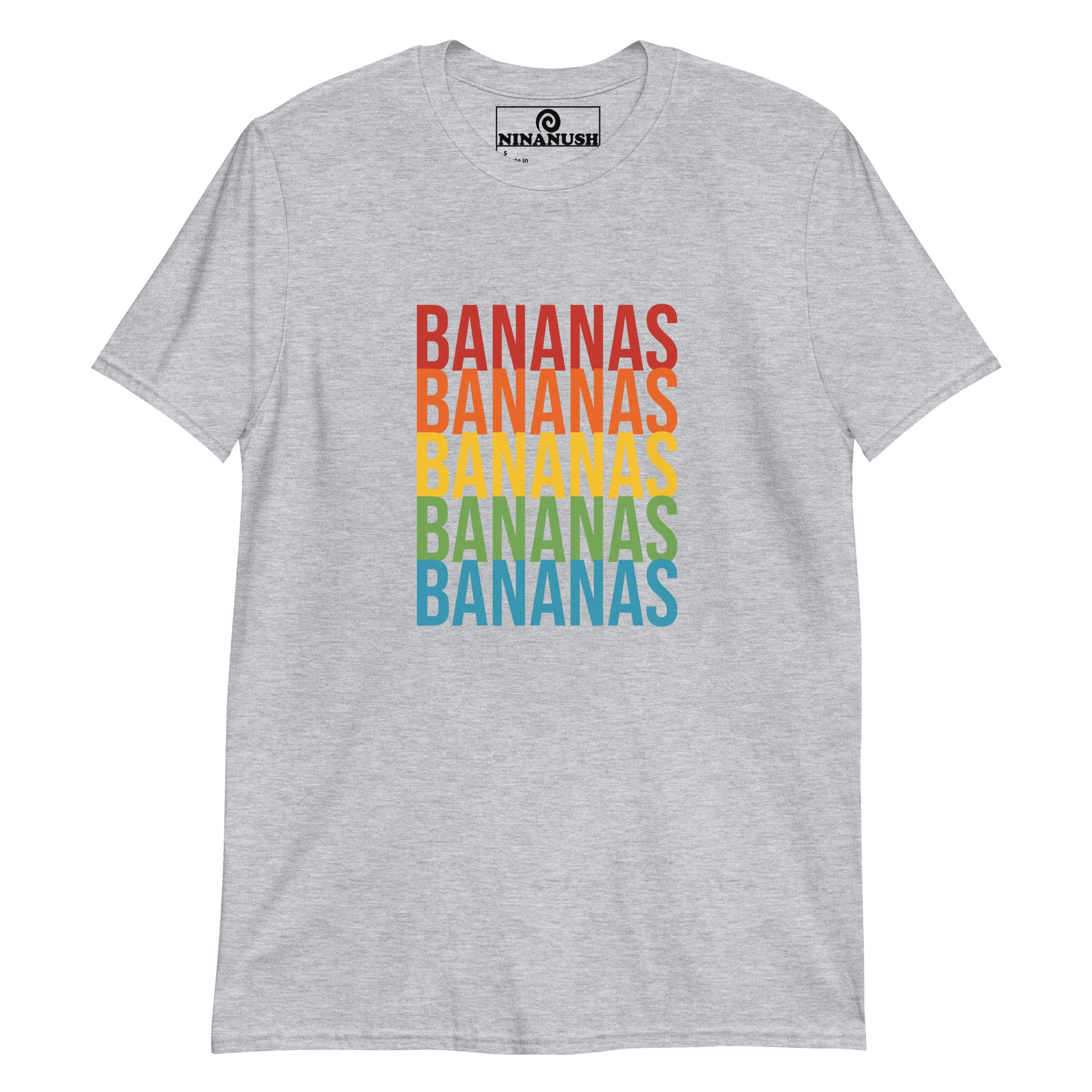 Light gray bananas t-shirt in colorful design - A classic cotton T-Shirt with the word "banana" printed in bold colors on the front. It's soft, comfortable and made just for you and your favorite banana enthusiast. This funny food shirt is designed for banana lovers and makes a unique gift for foodies of all kinds. Celebrate your favorite foods in our foodie apparel.