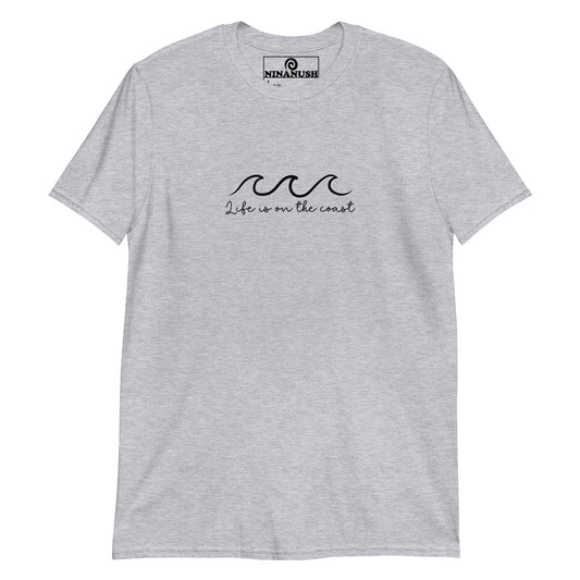 Gray seacoast life t-shirt - "Life is on the coast" A cotton T-Shirt with a simple coastal quote and wave on the front. This coast life shirt is designed for ocean lovers and made just for you and your favorite beach enthusiast. Celebrate the seacoast in this unique tee, give it as a gift for seacoast lovers or shop our New England foodie apparel.