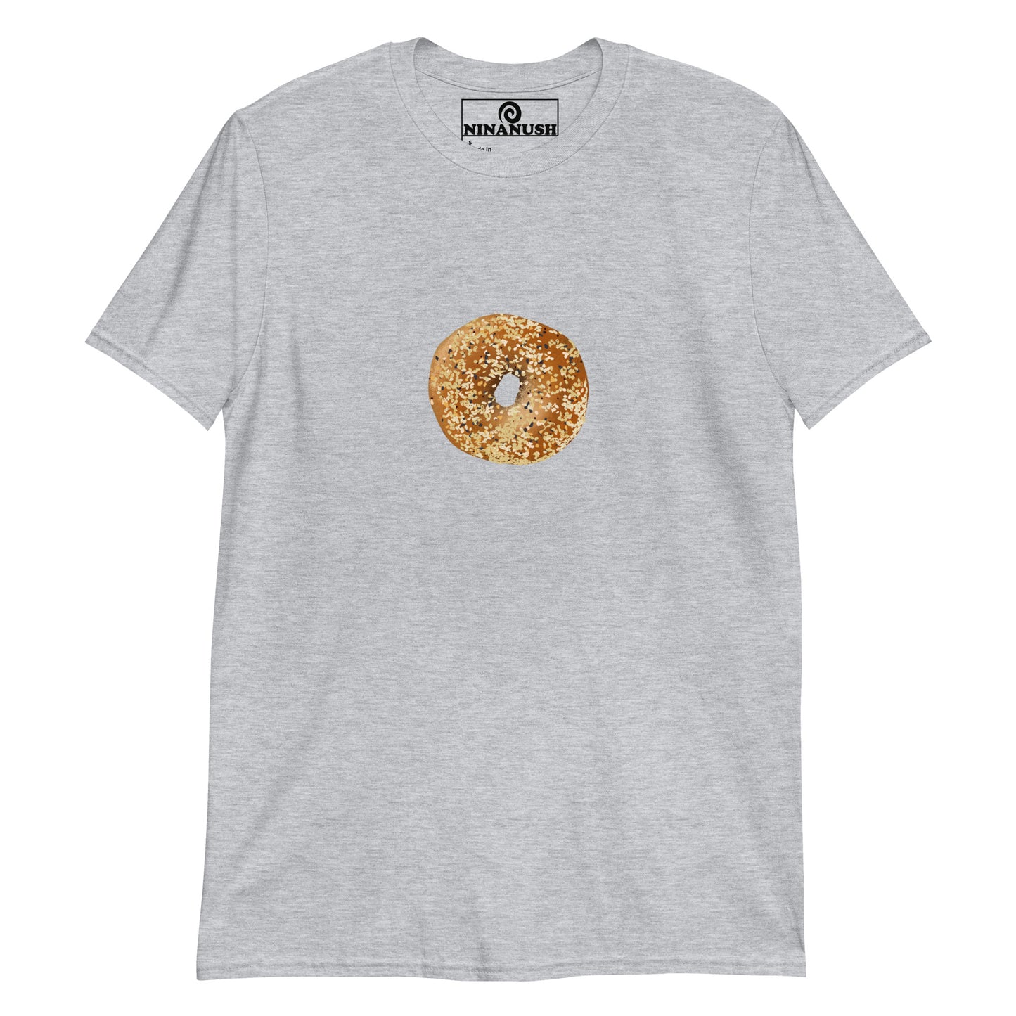 Light gray bagel t-shirt  - A unique everything bagel shirt for bagel enthusiasts. It's a cotton t-shirt with an everything bagel printed on the front. The perfect funny foodie shirt for bagel lovers or gift for foodie. Eat bagels in this statement bagel shirt or find the perfect funny bagel graphic tee or accessory in our bagel lover apparel.