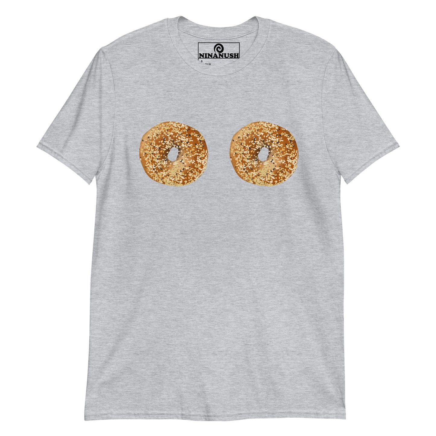 Gray funny bagel t-shirt - A bagel lover t-shirt with two everything bagels on the boobs. It's a unique bagel graphic tee that's soft, comfortable and made just for you. Wear this statement foodie tee or give it as a funny gift for a bagel enthusiast. Celebrate your favorite foods in our bagel lover clothing and accessories.