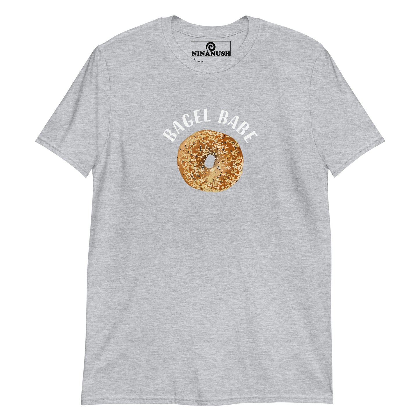 Gray bagel babe t-shirt - An everything bagel shirt with the words "BAGEL BABE" on the front. It's soft, comfortable and made just for you and your favorite bagel enthusiast. This funny bagel lover t-shirt makes a unique gift for foodies of all kinds. Eat bagels and make a statement in this bagel babe shirt or shop our funky bagel apparel.