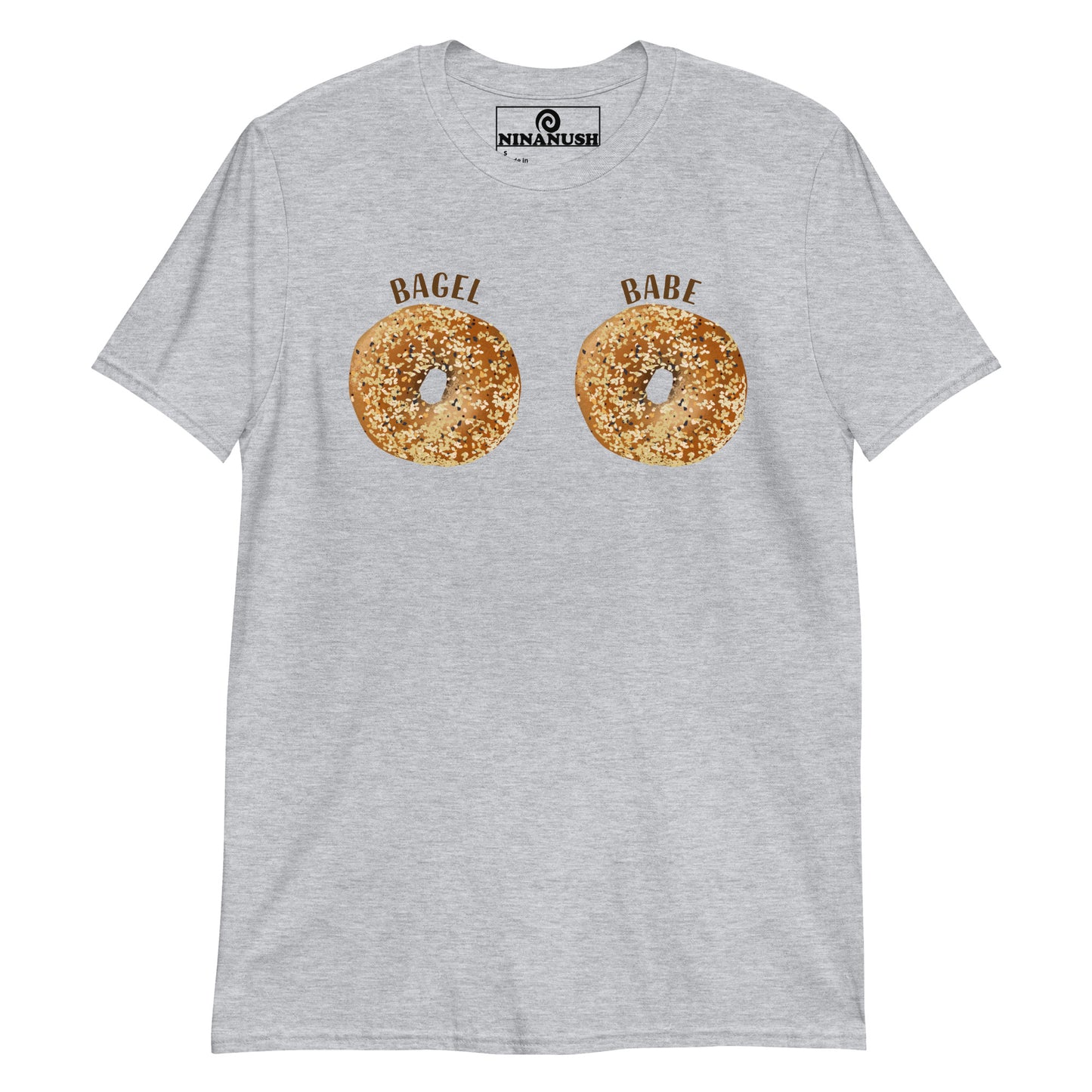 Gray everything bagel boobs t-shirt for bagel babes - Two everything bagels with the words "BAGEL BABE" printed on the breasts of a classic cotton tee. It's soft, comfortable and made just for you and your favorite bagel enthusiast. This funny bagel shirt is designed for bagel lovers and makes a quirky gift for foodies of all kinds. Eat bagels in this bagel boobs shirt.