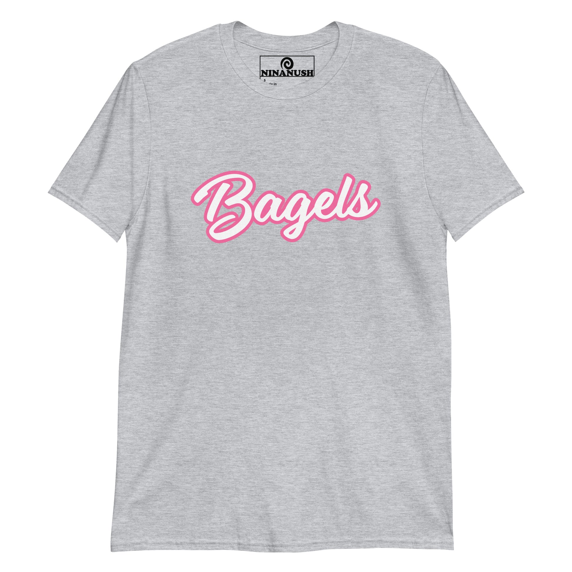 Gray bagel lover Barbie shirt - A funny Barbie style t-shirt for bagel lovers. It's a classic cotton tee with the word "Bagels" printed in pink and white on the front. It's soft, comfortable and made just for you and your favorite bagel enthusiast. This funny bagel t-shirt makes a unique gift for bagel lovers and a quirky shirt for foodies of all kinds. 