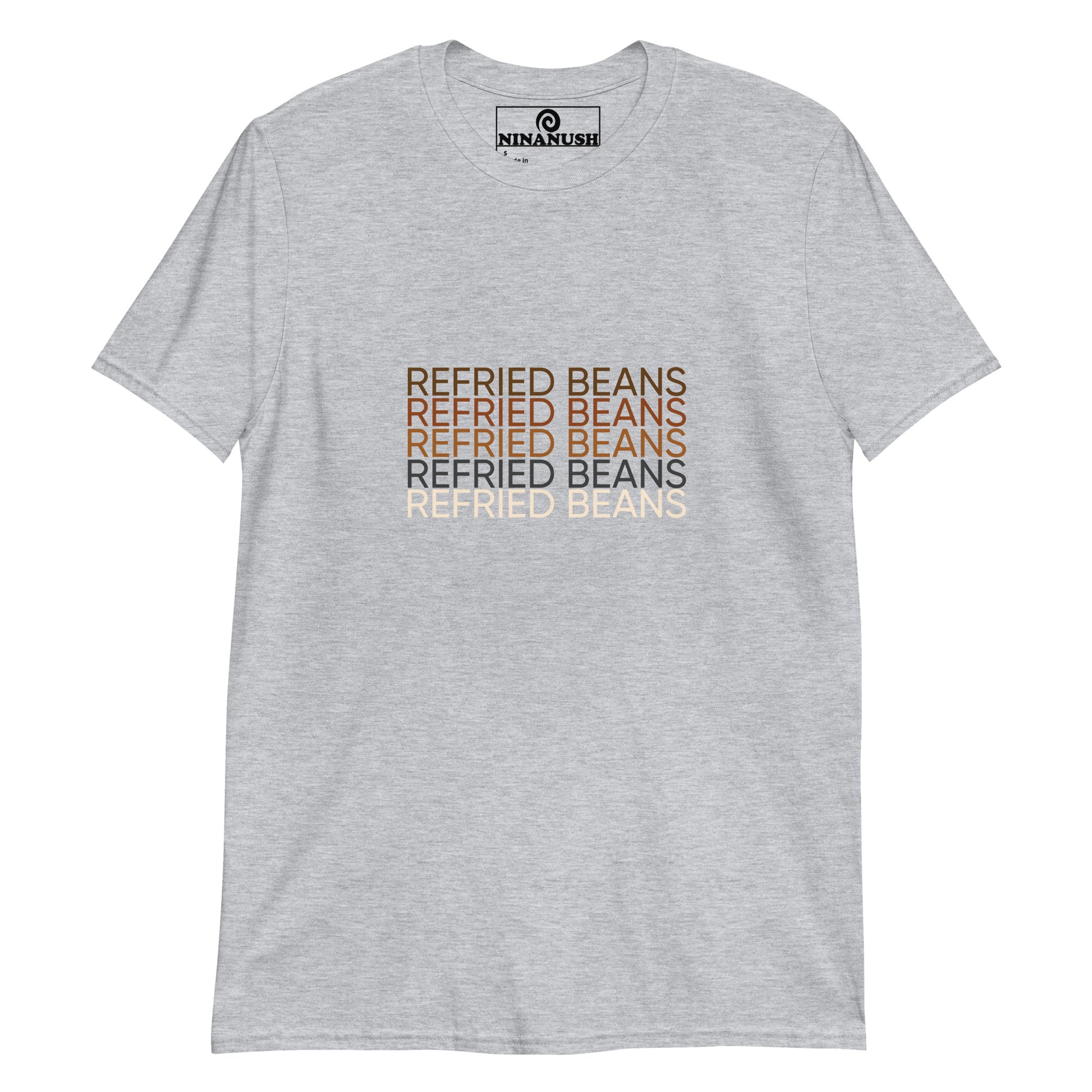 Gray refried beans t-shirt - Eat your favorite refried beans in style with this statement t-shirt for bean enthusiasts and foodies of all kinds. It's a classic cotton t-shirt with the words "refried beans" printed on the front in shades of brown. If you're a passionate refried bean aficionado, this funny foodie shirt is just what you need.