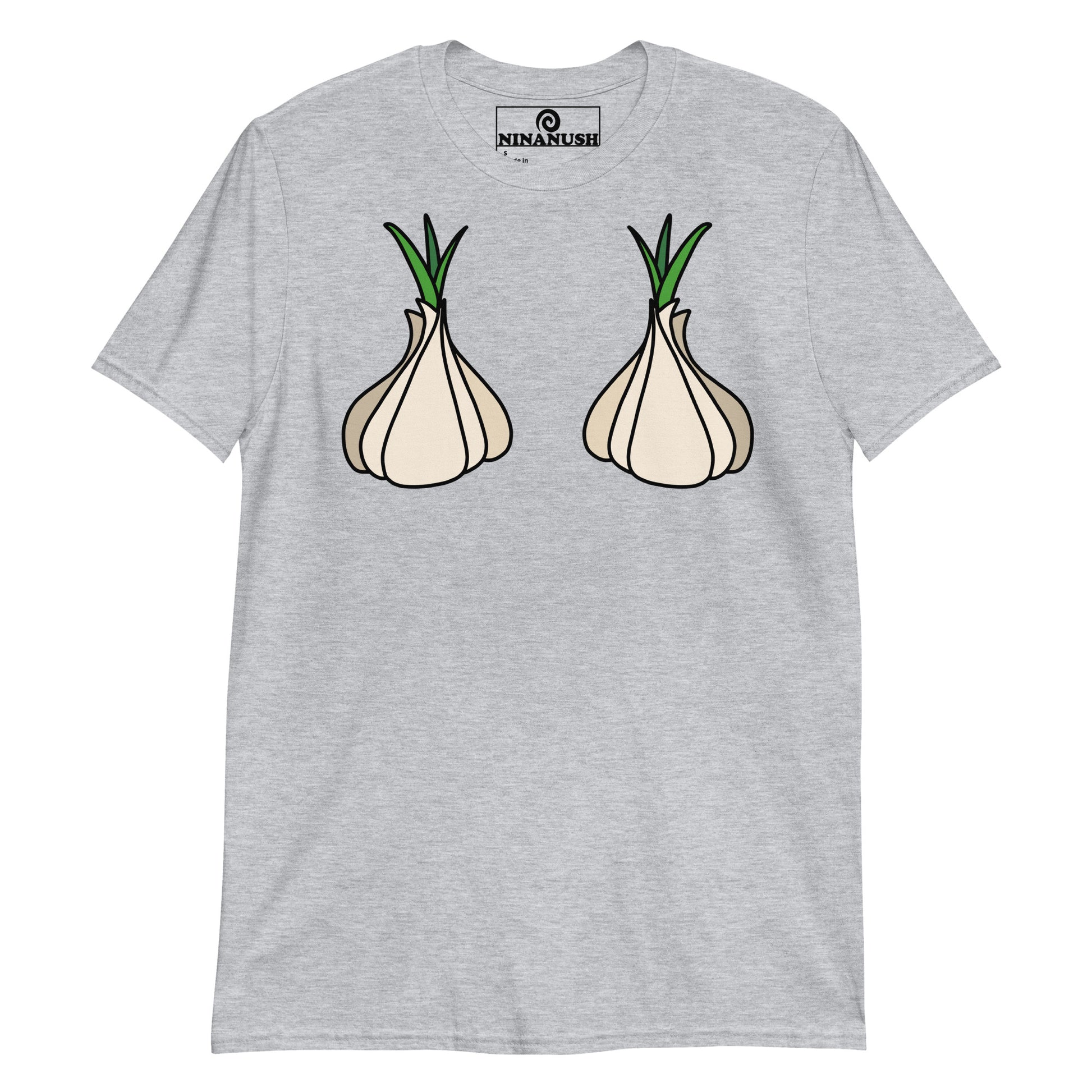 Gray garlic boobs t-shirt from Nina's Funky Shop by ninanush - This funny garlic head shirt is designed for garlic lovers and made for you. It's a a soft and comfortable cotton t-shirt with garlic on the chest. A unique foodie t-shirt designed for passionate garlic aficionados. Wear this garlic boob t-shirt on everyday outings or give it as a funny gift for a garlic enthusiast.