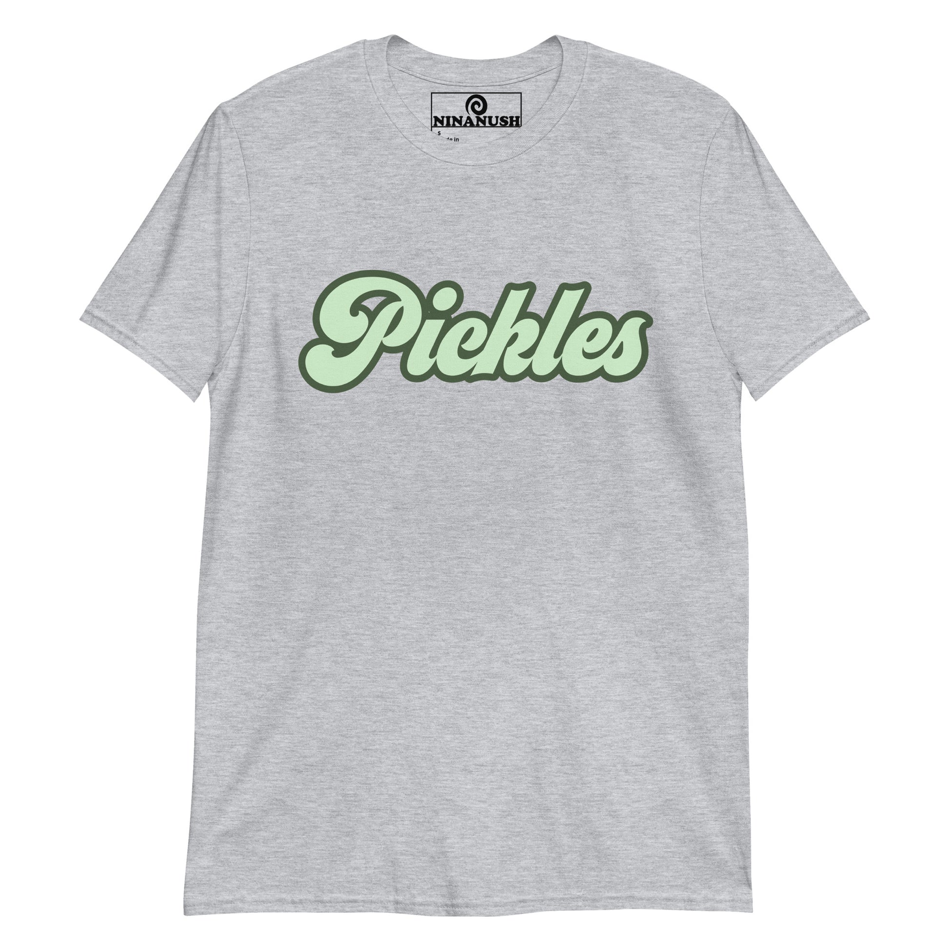 Gray pickles t-shirt from Nina's Funky Shop by ninanush - This funny pickle lover t-shirt is soft, comfortable & made just for you with the word "Pickles" printed in a vintage green design. It's a unique foodie t-shirt designed for passionate pickle enthusiasts and quirky t-shirt lovers of all kinds. Eat pickles in this weird pickle tee or give it as a gift for a pickle lover.