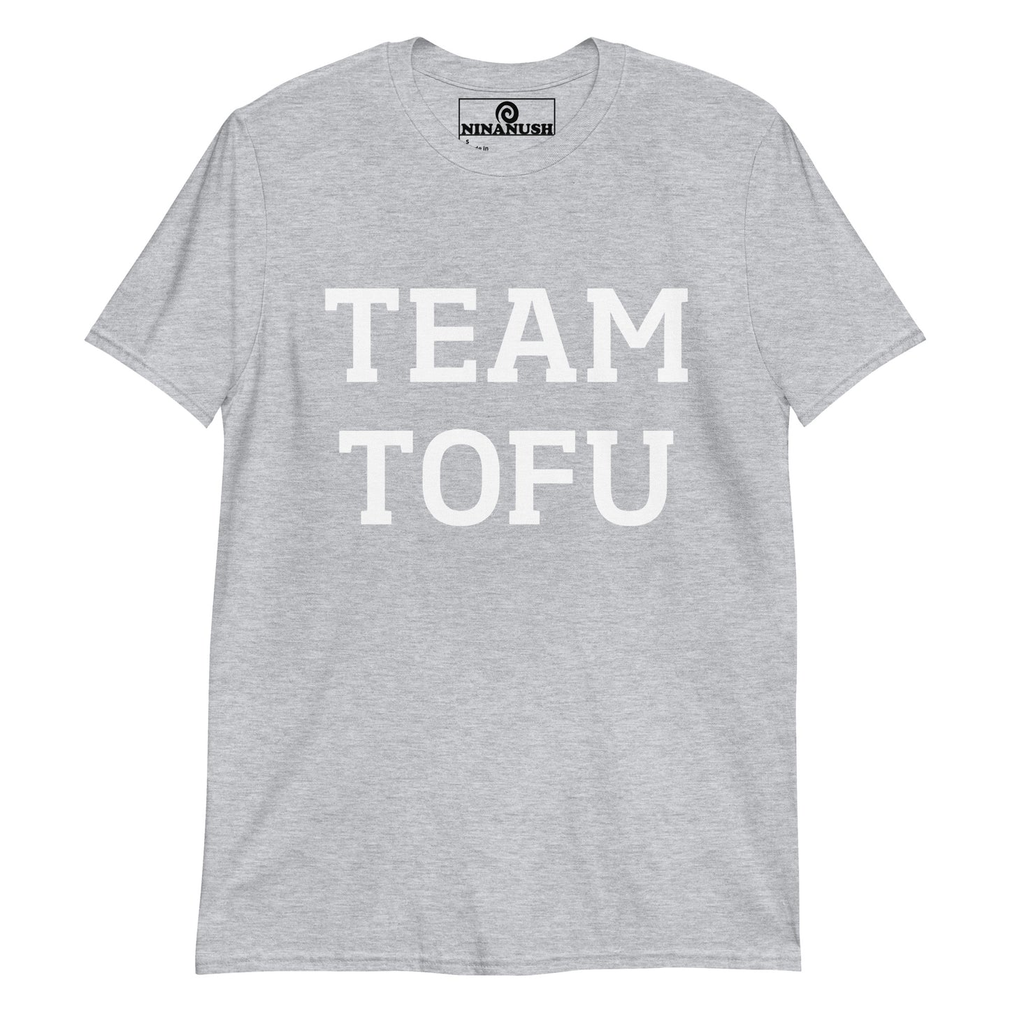 Light gray team tofu t-shirt from Nina's Funky Shop by ninanush - Stand out and make a statement in our team tofu t-shirt. It's a funny shirt for plant based foodies and tofu lovers of all kinds. This cotton vegan tee is soft, comfortable, designed for tofu lovers and made just for you. Wear this tofu enthusiast t-shirt or give it as a funny gift for your favorite vegan activist.