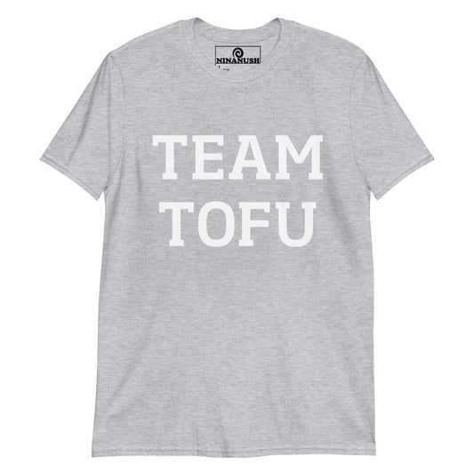 Light gray team tofu t-shirt from Nina's Funky Shop by ninanush - Stand out and make a statement in our team tofu t-shirt. It's a funny shirt for plant based foodies and tofu lovers of all kinds. This cotton vegan tee is soft, comfortable, designed for tofu lovers and made just for you. Wear this tofu enthusiast t-shirt or give it as a funny gift for your favorite vegan activist.