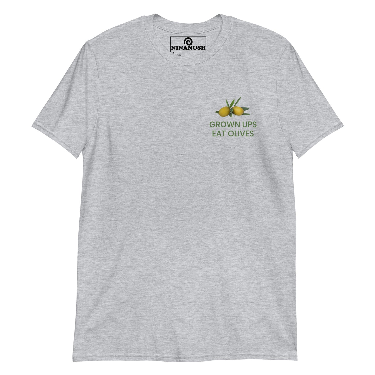 Light gray grown ups eat olives t-shirt from Nina's Funky Shop by ninanush - A quirky cotton tee with a green olive design and a funny saying about olives. It's the perfect funny t-shirt for olive lovers and foodies of all kinds or a sarcastic t-shirt for olive haters. Make a bold statement with this funny food t-shirt or give it as a weird and unique gift to your favorite olive enthusiast.