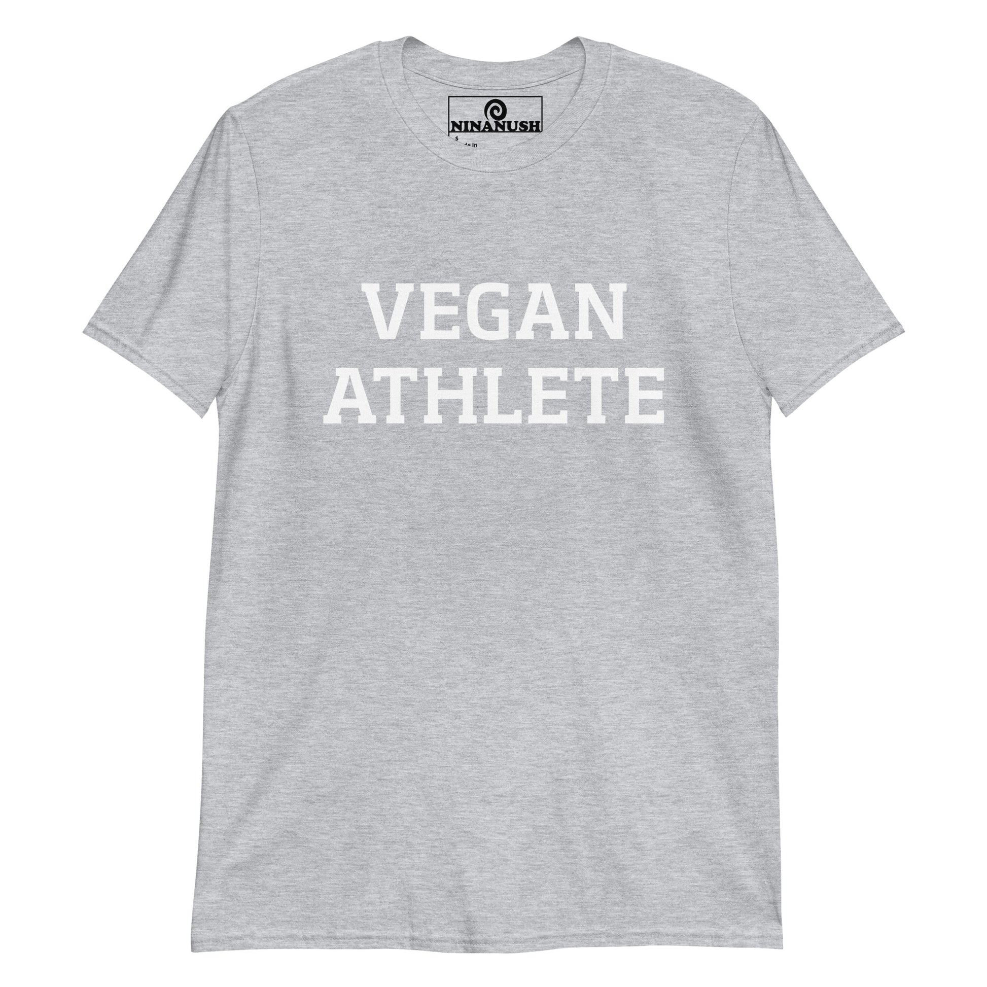 Light gray vegan athlete t-shirt from Nina's Funky Shop by NInanush - This "vegan athlete" t-shirt is meaningful and a bold statement tee for vegans. It's a soft and comfortable t-shirt that's designed for vegans and made just for you. Show off your plant based enthusiasm, stand out and stand up for the animals in this vegan activist t-shirt or give it as a gift for a vegan athlete.