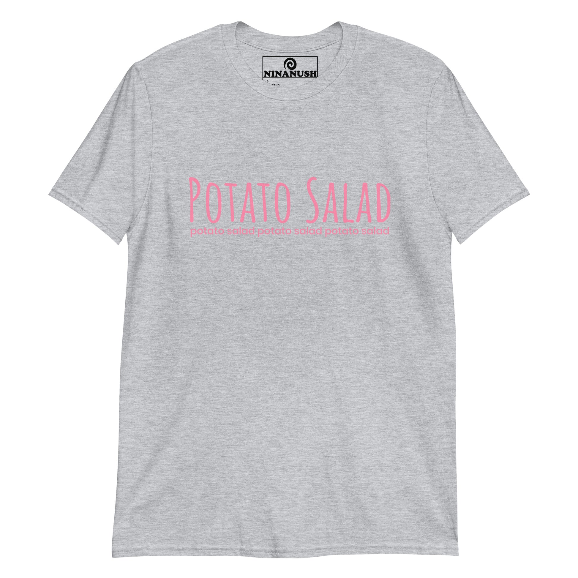 Light gray and pink potato salad t-shirt from Nina's Funky Shop by ninanush - The "Potato Salad T-Shirt." This funny food shirt is designed for the potato salad lover in you. Now you can eat your favorite potato salad in style with this unique foodie graphic tee. This cotton shirt is soft and comfortable with an eye catching pink design. The perfect gift for a potato salad enthusiast and foodies of all kinds.