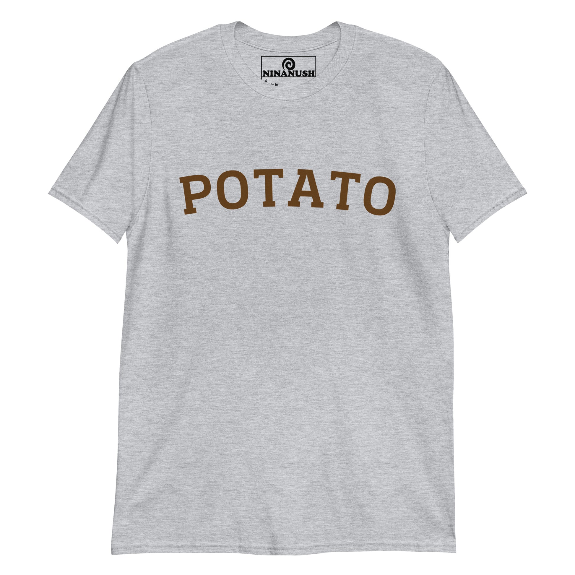 Gray potato t-shirt from Nina's Funky Shop by ninanush - This potato T-Shirt is made from high-quality cotton with the word "Potato" printed in brown on the front. Eat your favorite potatoes in style in this funny foodie tee. It's soft, comfortable and made just for you. The perfect potato lover t-shirt and gift for potato enthusiasts or a quirky tee for foodies of all kinds.