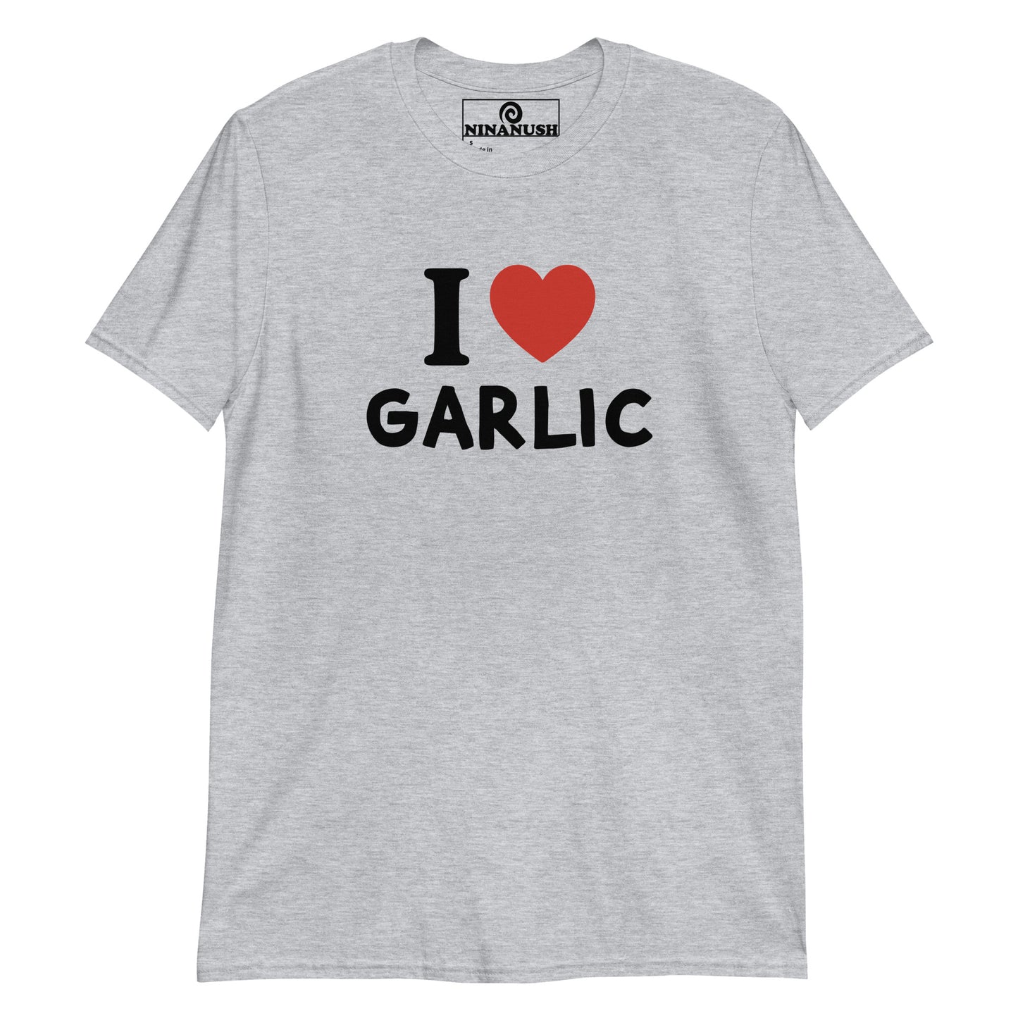 Gray I heart Garlic t-shirt from Nina's Funky Shop by ninanush - The I love garlic t-shirt! A t-shirt for garlic lovers that stands out and makes a statement. Wear this funny garlic shirt and show off you foodie passions. It's a funny graphic tee for garlic enthusiasts and it's made just for you. This garlic shirt is the perfect quirky t-shirt or a funny gift for a garlic lover.