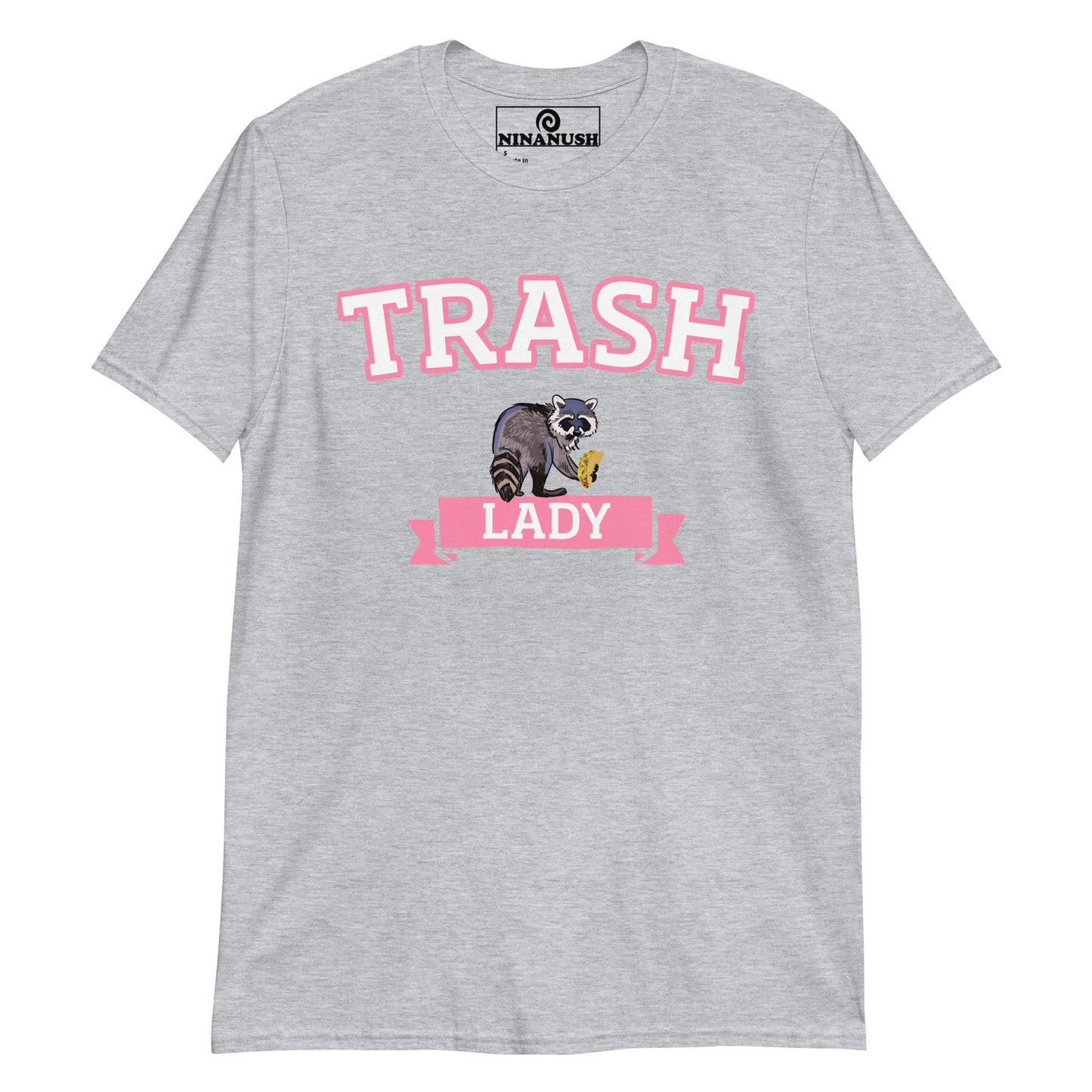 Gray trash lady t-shirt with raccoon eating a taco from Nina's Funky Shop by ninanush - The pink trash lady raccoon t-shirt! A funny raccoon t-shirt that's totally unique and made just for you. Wear this trash lady shirt and show off your love of raccoons. It has an original, hand drawn design by Nina. Stay funky and eat trash in this funny raccoon t-shirt or give it as a funny gift for taco lovers and foodies of all kinds.