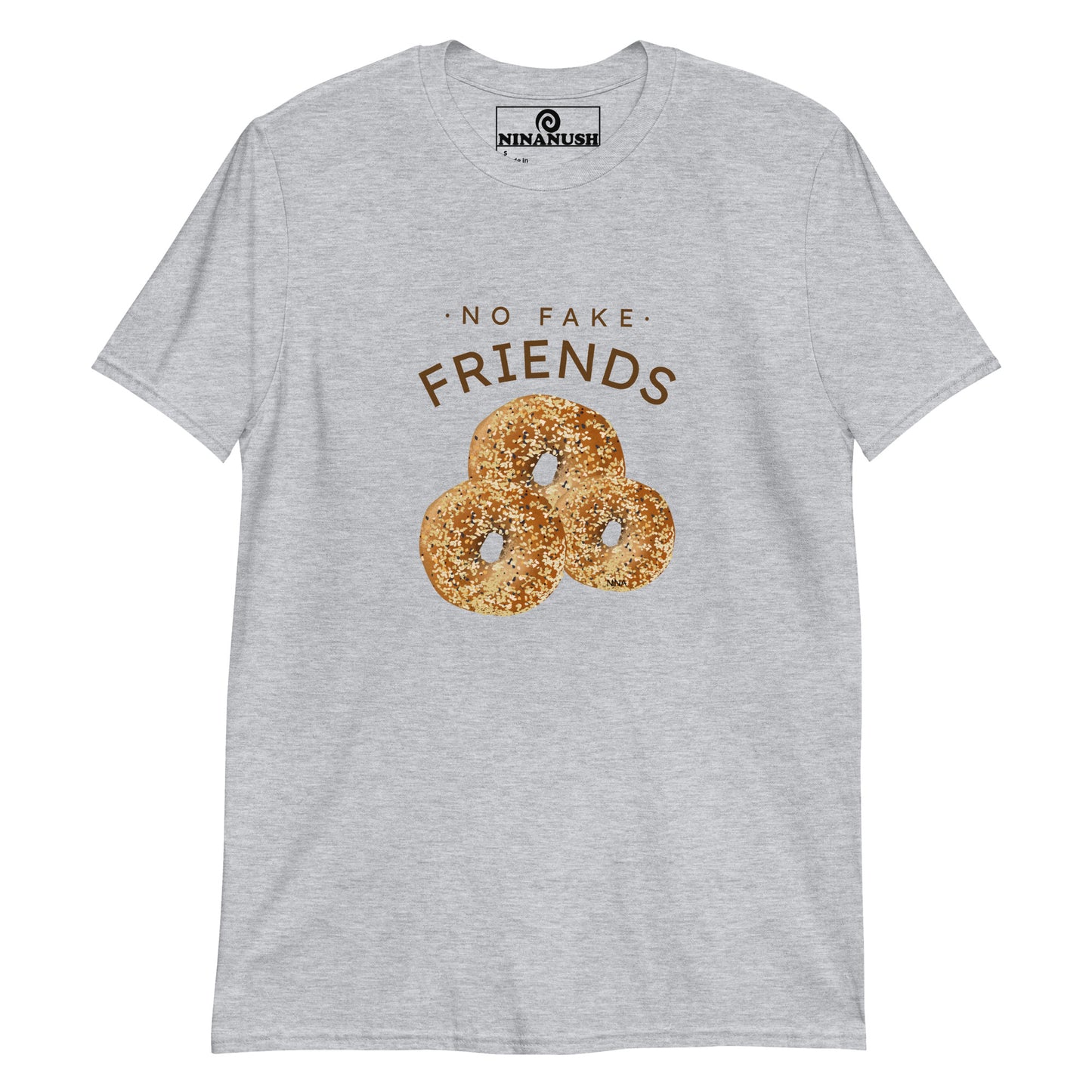 Gray no fake friends shirt from Nina's Funky Shop by ninanush - This "no fake friends" shirt is designed for bagel lovers with unique everything bagels, hand-drawn by Nina. Eat bagels and make a statement in this bagel enthusiast t-shirt. It's soft, comfortable, and made just for you. Stand out in this quirky t-shirt or give it as a gift for a bagel lover or foodie of all kinds.