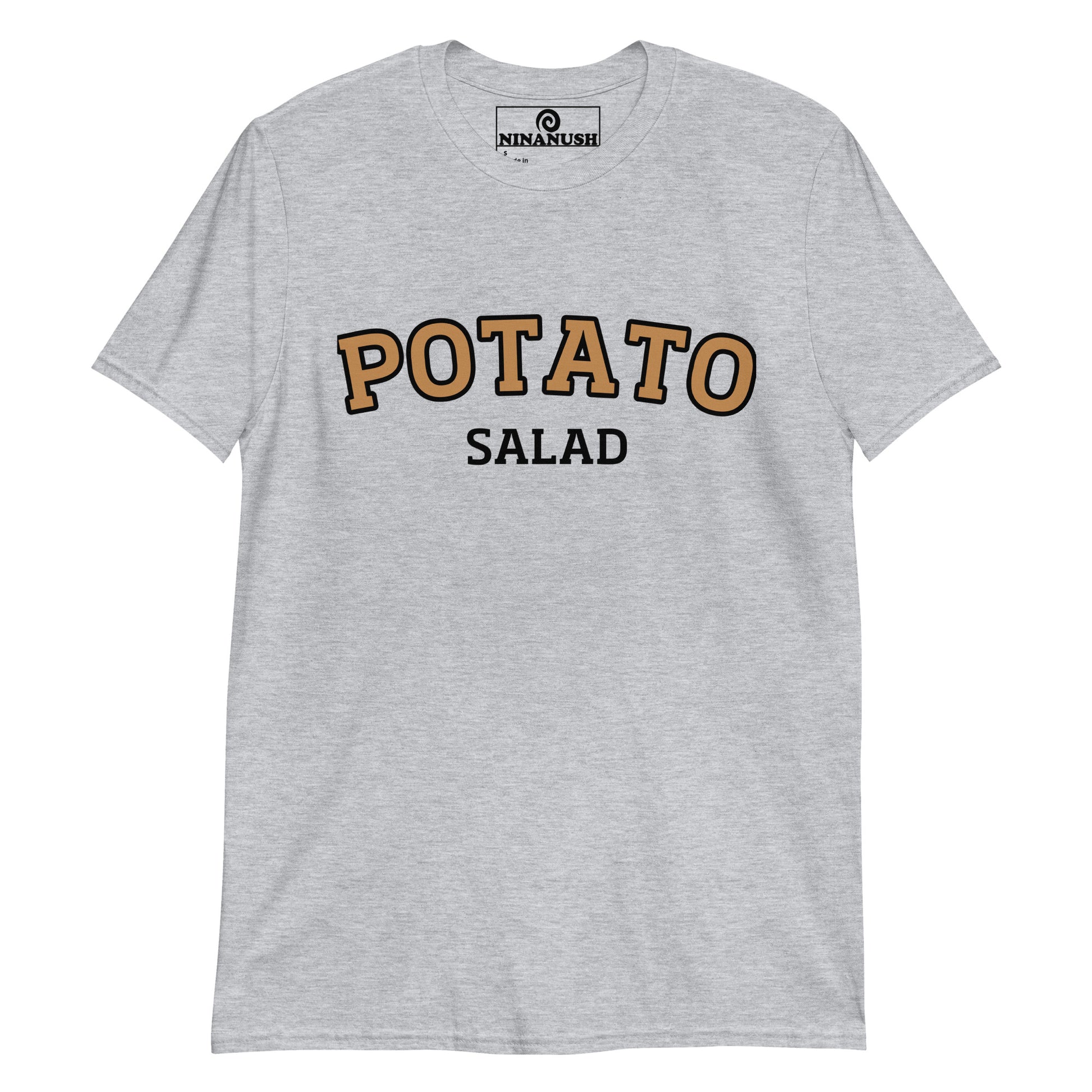 Gray potato salad t-shirt from Nina's Funky Shop by ninanush - The "Potato Salad T-Shirt." A funny food shirt that's specifically designed for potato salad lovers and foodies of all kinds. Now you can eat your favorite potato salad in style with this unique foodie graphic tee. This cotton shirt is soft and comfortable with an eye catching brown and white design. The perfect gift for a potato salad enthusiast or a quirky tee for all.