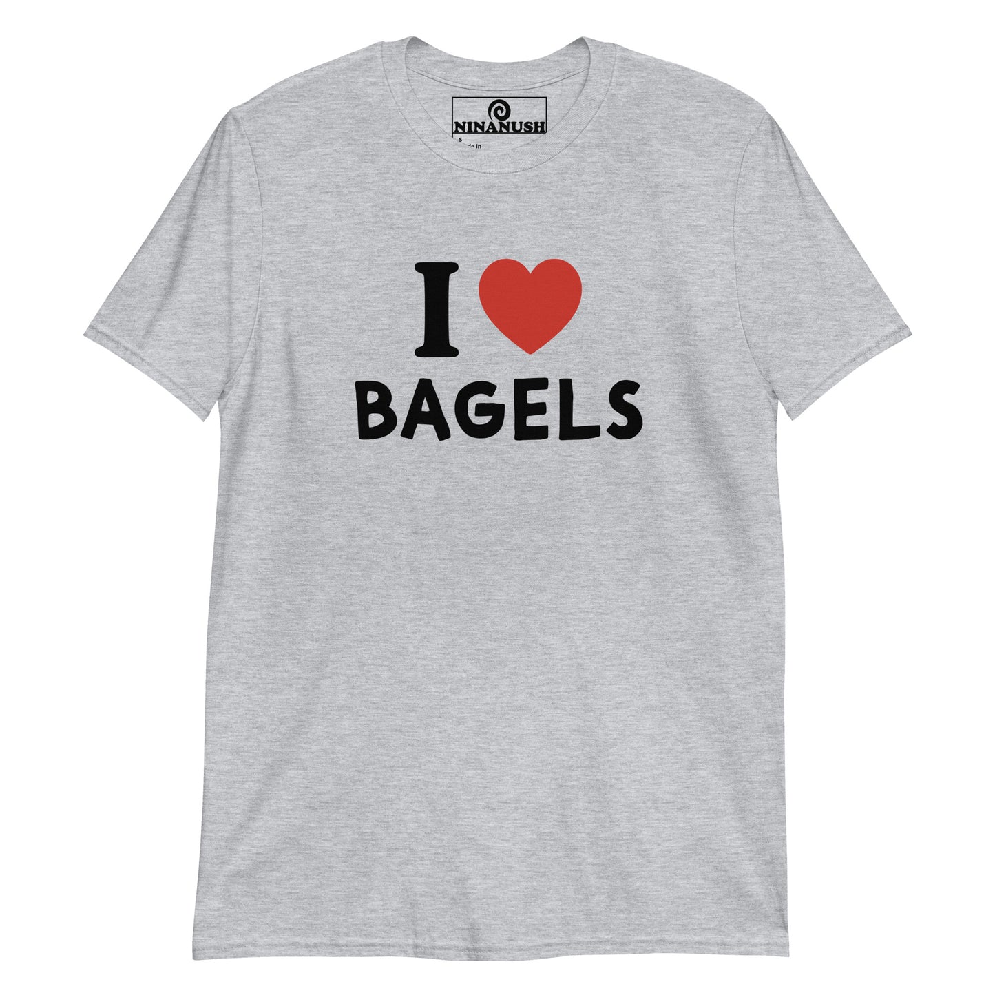 Gray I heart bagels t-shirt from Nina's Funky Shop by ninanush - The I love bagels t-shirt! A classic t-shirt for bagel lovers and foodies of all kinds. Wear this funny bagel shirt and show off your foodie passions. It's a soft and comfortable tee, designed for bagel enthusiasts and made just for you. This bagel shirt is the perfect quirky graphic tee to add some personality to your outfits or a funny gift for a fellow bagel lover.