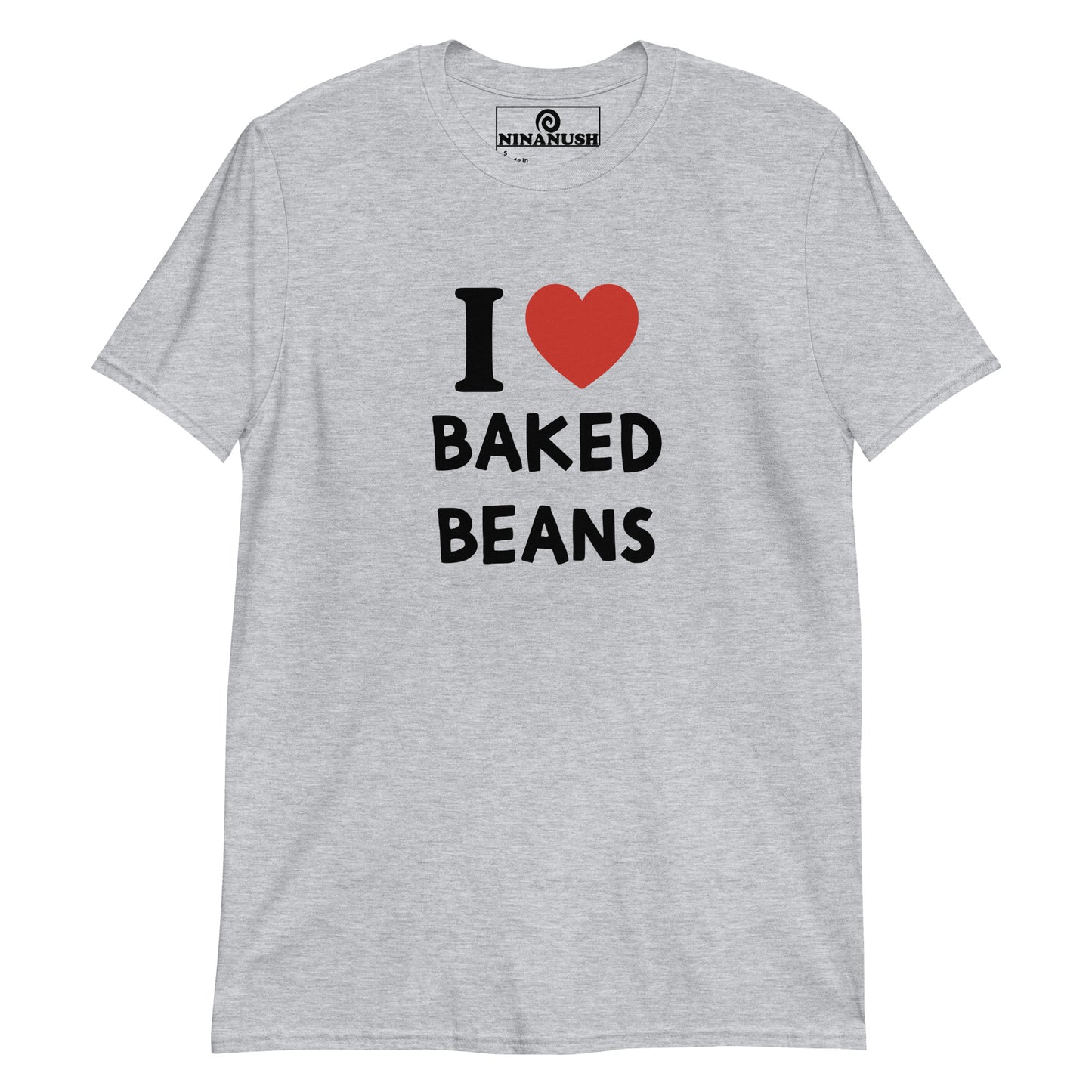 Gray I heart baked beans t-shirt from Nina's Funky Shop by ninanush - The I love Baked Beans t-shirt! A classic t-shirt for baked bean lovers that stands out and makes a bold statement. It's a soft and comfortable tee, designed for bean enthusiasts and made just for you. This baked beans shirt is the perfect quirky tee to add some personality to your outfits or a funny gift for a fellow bean lover.