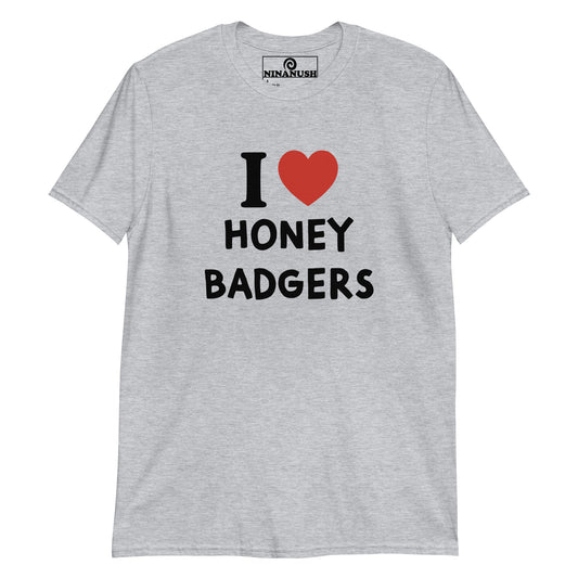 Gray I heart honey badgers t-shirt from Nina's Funky Shop by ninanush - The I heart honey badgers t-shirt! This classic cotton tee was designed by Nina, specifically for honey badger enthusiasts. It's soft, comfortable and made just for you. Share your passion for honey badgers with the world or give this quirky "I heart honey badgers" t-shirt to your favorite honey badger lover. 