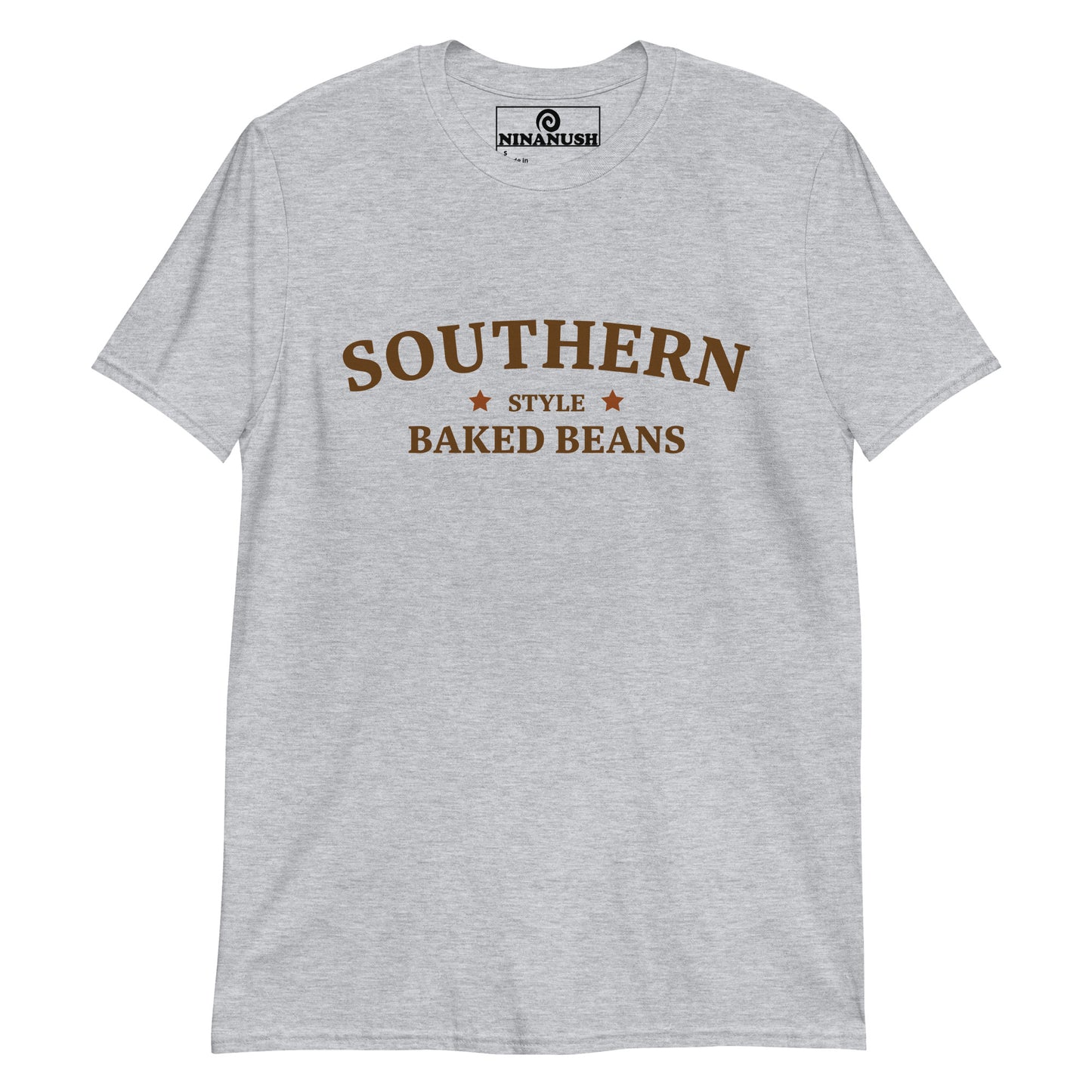 Light gray southern style baked beans t-shirt from Nina's Funky Shop - A funny baked beans t-shirt that's unique and made just for you. 🌟 Eat your favorite baked beans in this quirky t-shirt for southern baked bean lovers and foodies of all kinds. Add a little personality to your style in this baked bean enthusiast t-shirt or give it as a funny gift for a fellow bean aficionado.