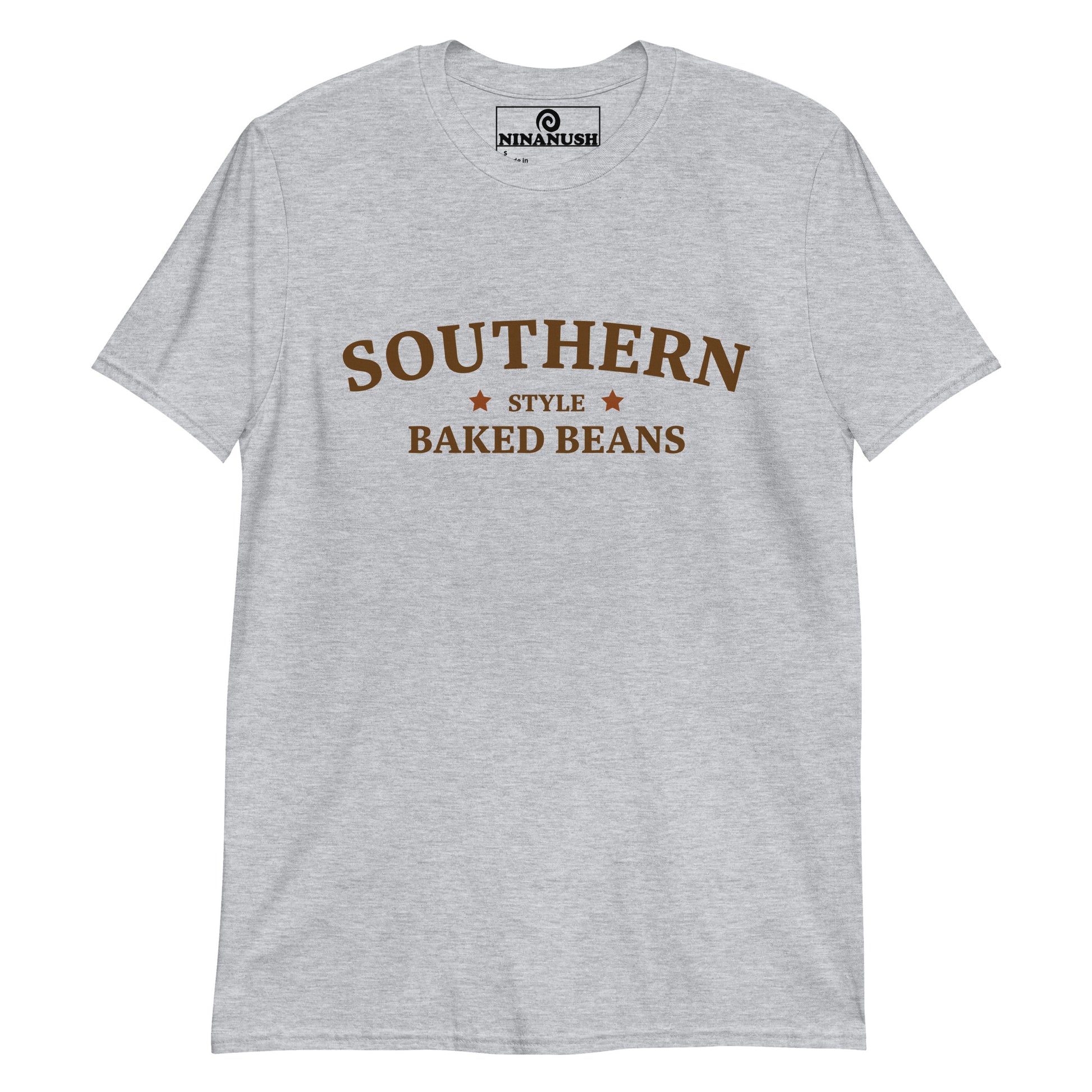 Light gray southern style baked beans t-shirt from Nina's Funky Shop - A funny baked beans t-shirt that's unique and made just for you. 🌟 Eat your favorite baked beans in this quirky t-shirt for southern baked bean lovers and foodies of all kinds. Add a little personality to your style in this baked bean enthusiast t-shirt or give it as a funny gift for a fellow bean aficionado.