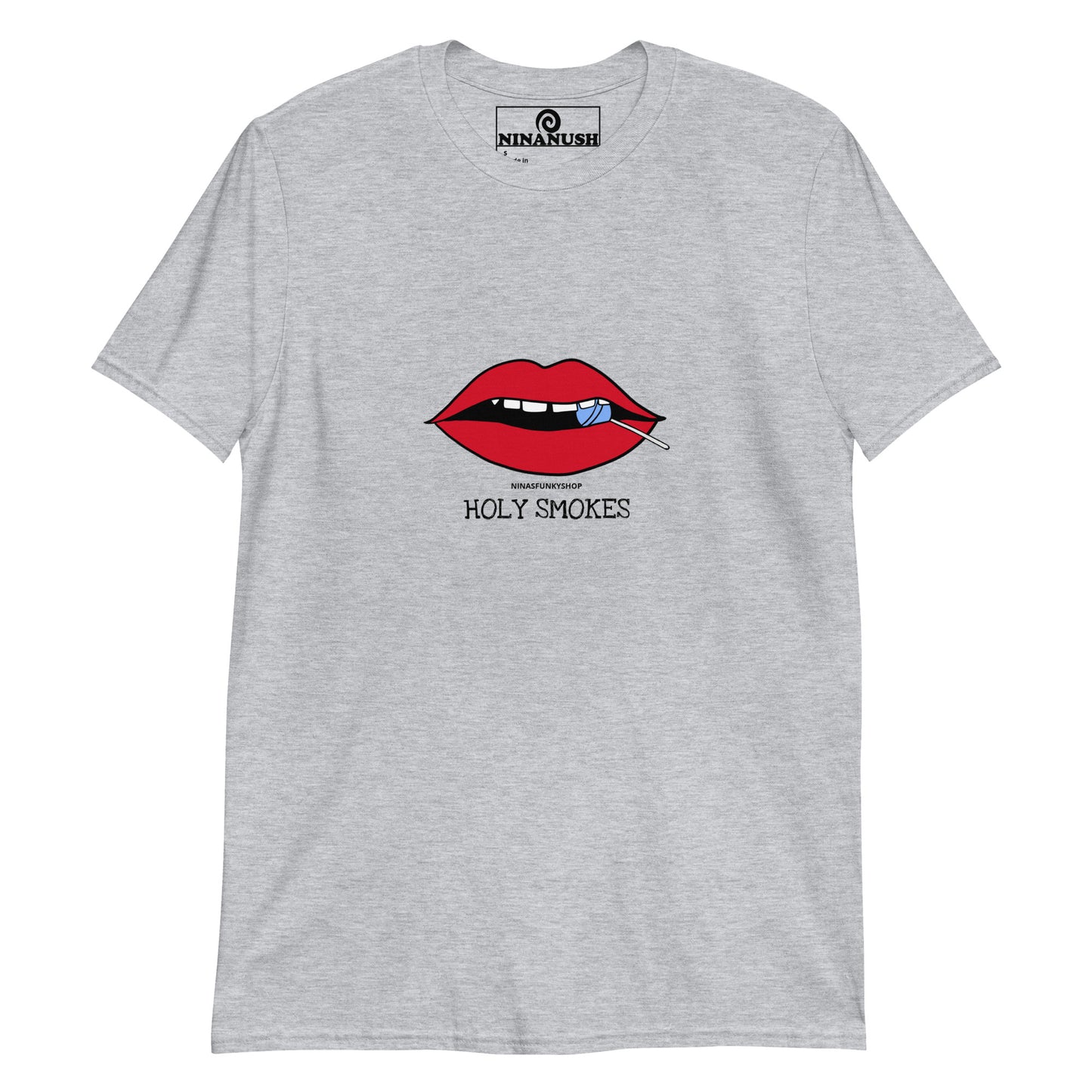 Gray holy smokes shirt with red lips and a blue lollipop from Nina's Funky Shop by ninanush - Holy smokes...funky red lips smoking a blue lollipop. This stand-out tee is unique and made just for you. It's a classic cotton tee that's soft and comfortable with an original design by Nina, expertly printed on the front. Celebrate your favorite foods and drinks in our funky foodie apparel, designed by Nina and made just for you!