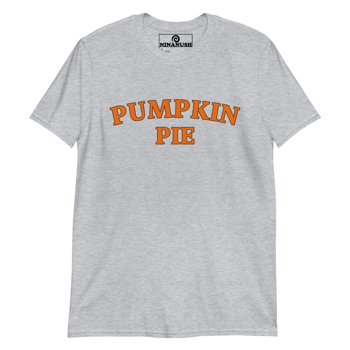 Gray pumpkin pie t-shirt from Nina's Funky Shop by ninanush - This pumpkin pie t-shirt is comfortable, soft, and the perfect graphic tee for pumpkin enthusiasts. Add a little personality to your everyday style with this stand-out pumpkin lover shirt or give it as a gift to your favorite pie aficionado. It's a classic cotton tee with an original orange pumpkin pie design by Nina.