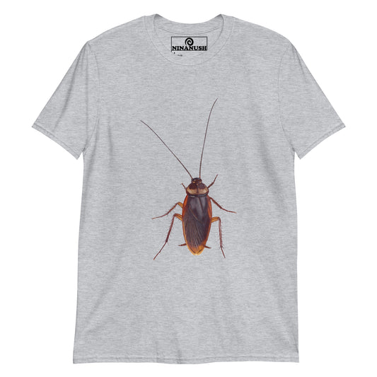 Gray cockroach t-shirt with large brown cockroach climbing up from Nina's Funky Shop by ninanush - Cockroaches are cool. This cockroach t-shirt is soft and comfortable with a totally unique and funky cockroach design. It's a funny t-shirt for insect enthusiasts and a statement graphic tee that's sure to turn heads. Give this weird shirt as a sarcastic gift or add a little personality to your everyday style. 