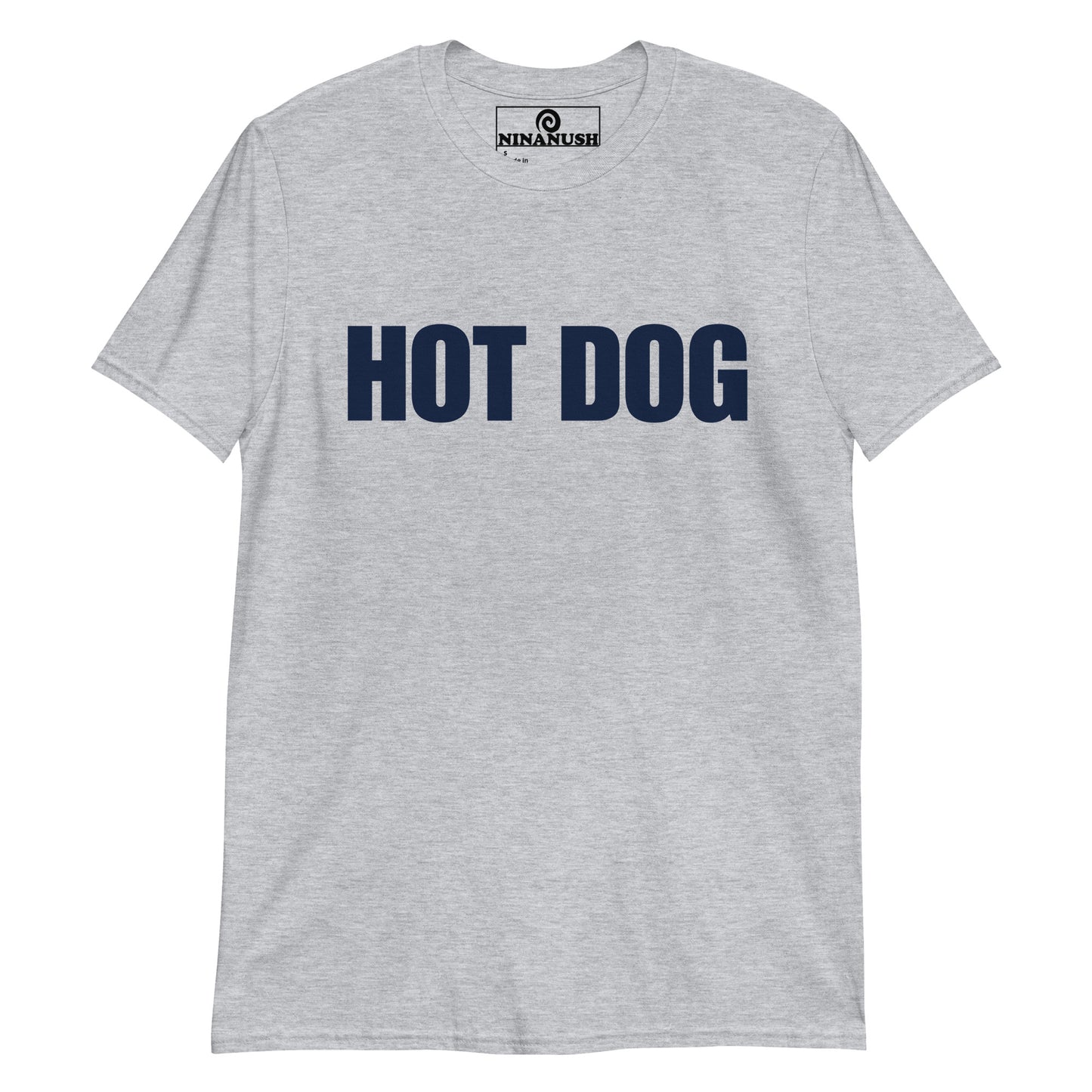 Light Gray Hot Dog T-shirt from Nina's Funky Shop by ninanush - Do you love hot dogs? Looking for a fun foodie gift? Our Hot Dog Shirt is just for you! It's a unisex, crew neck T-shirt that's soft and comfortable with "Hot Dog", expertly printed on the front. Stand out and eat your favorite foods in this funny foodie tee, it's designed by Nina and made just for you.