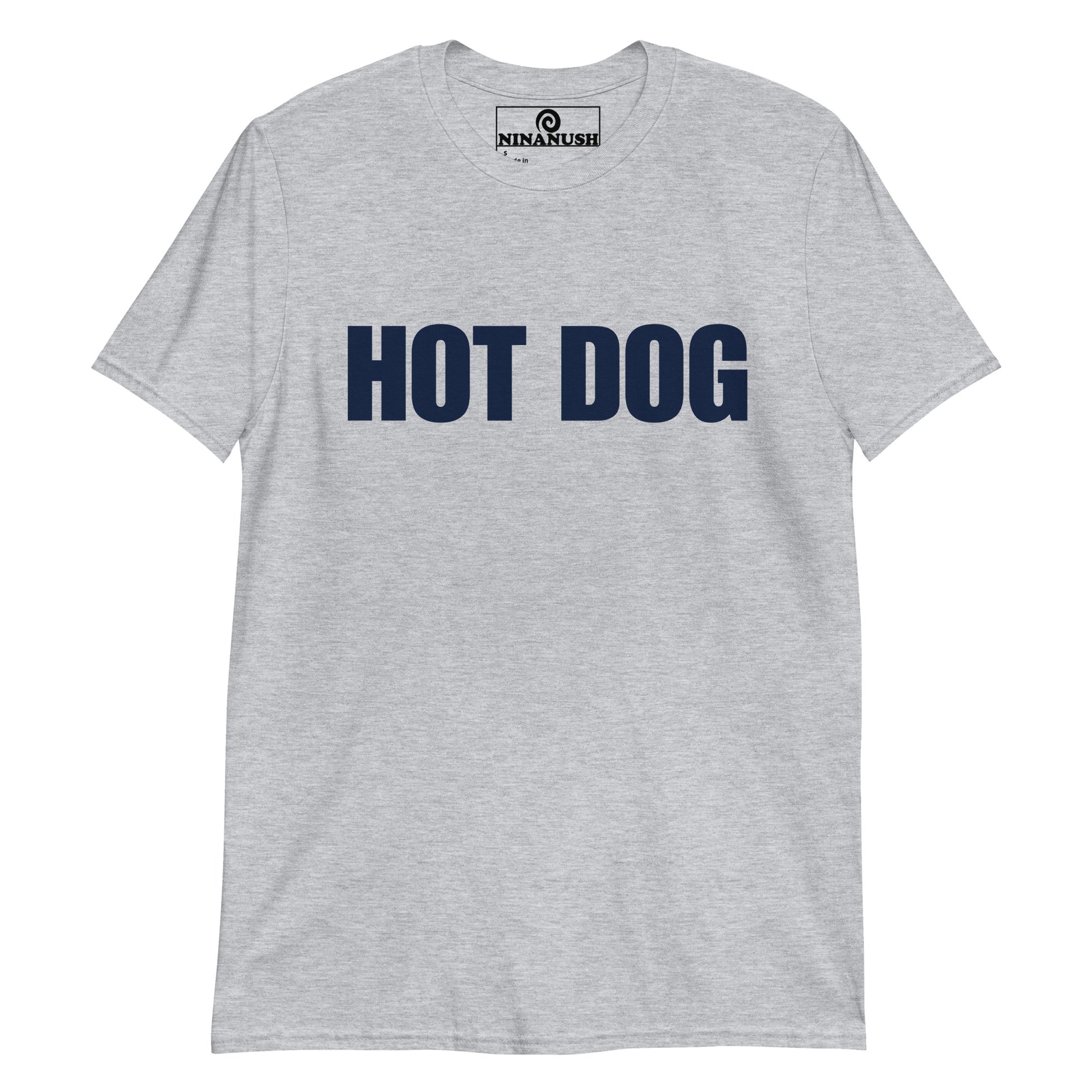 Light Gray Hot Dog T-shirt from Nina's Funky Shop by ninanush - Do you love hot dogs? Looking for a fun foodie gift? Our Hot Dog Shirt is just for you! It's a unisex, crew neck T-shirt that's soft and comfortable with "Hot Dog", expertly printed on the front. Stand out and eat your favorite foods in this funny foodie tee, it's designed by Nina and made just for you.