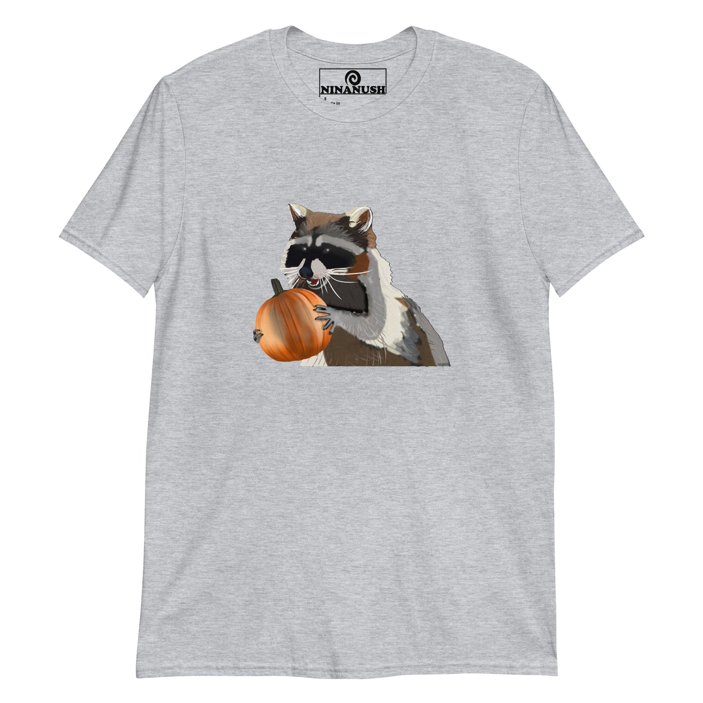 Light Gray raccoon holding a pumpkin t-shirt from Nina's Funky Shop by ninanush - Do you raccoons? Looking for a cute Halloween shirt? This funny spooky season T-Shirt is just what you need. It's a soft and comfortable cotton shirt with a funky design of a raccoon holding an orange pumpkin. Hand drawn graphic by Nina and totally unique. Stay weird and stand out in this funny raccoon graphic tee.