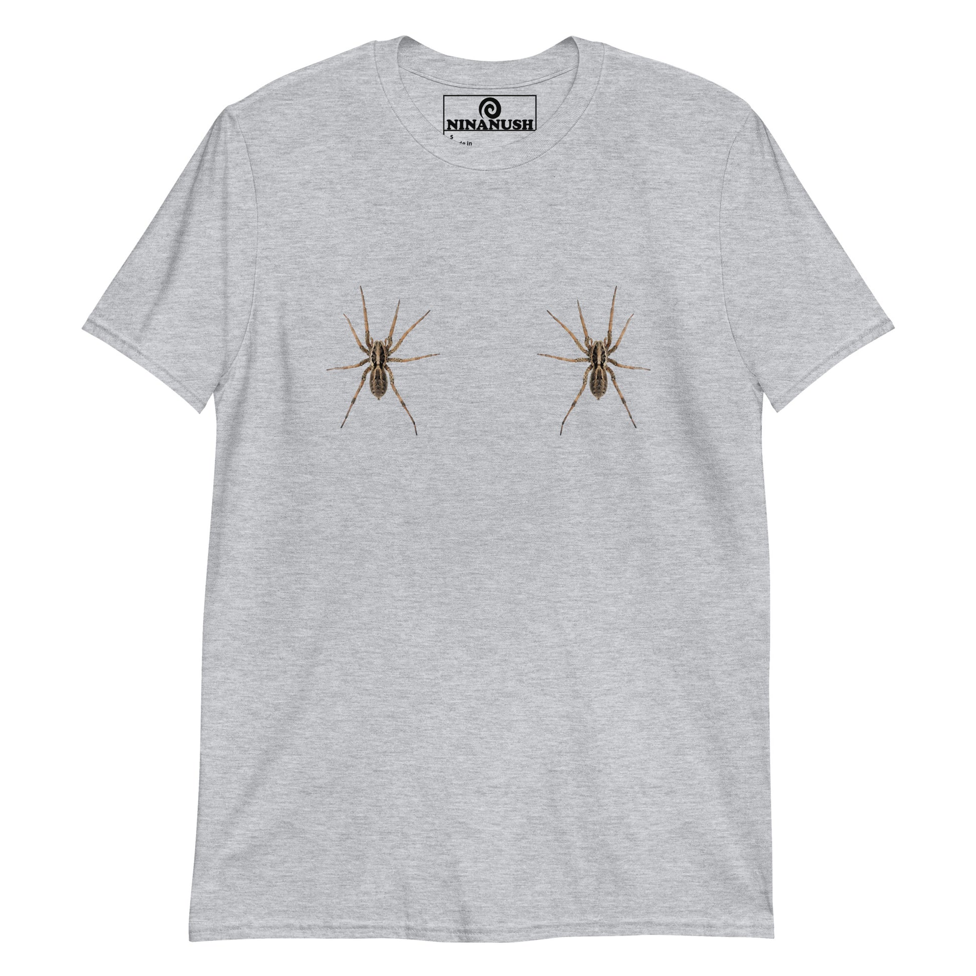 Light Gray Wolf Spider Boobs T-shirt from Nina's Funky Shop by ninanush - Do you like spiders? Looking for a funny Halloween shirt? This spooky spider T-Shirt is just what you need. It's a soft and comfortable cotton shirt with a two wolf spiders on the chest. Our funny spider t-shirt design is expertly printed and made just for you. Stay weird and stand out in this wolf spider t-shirt.