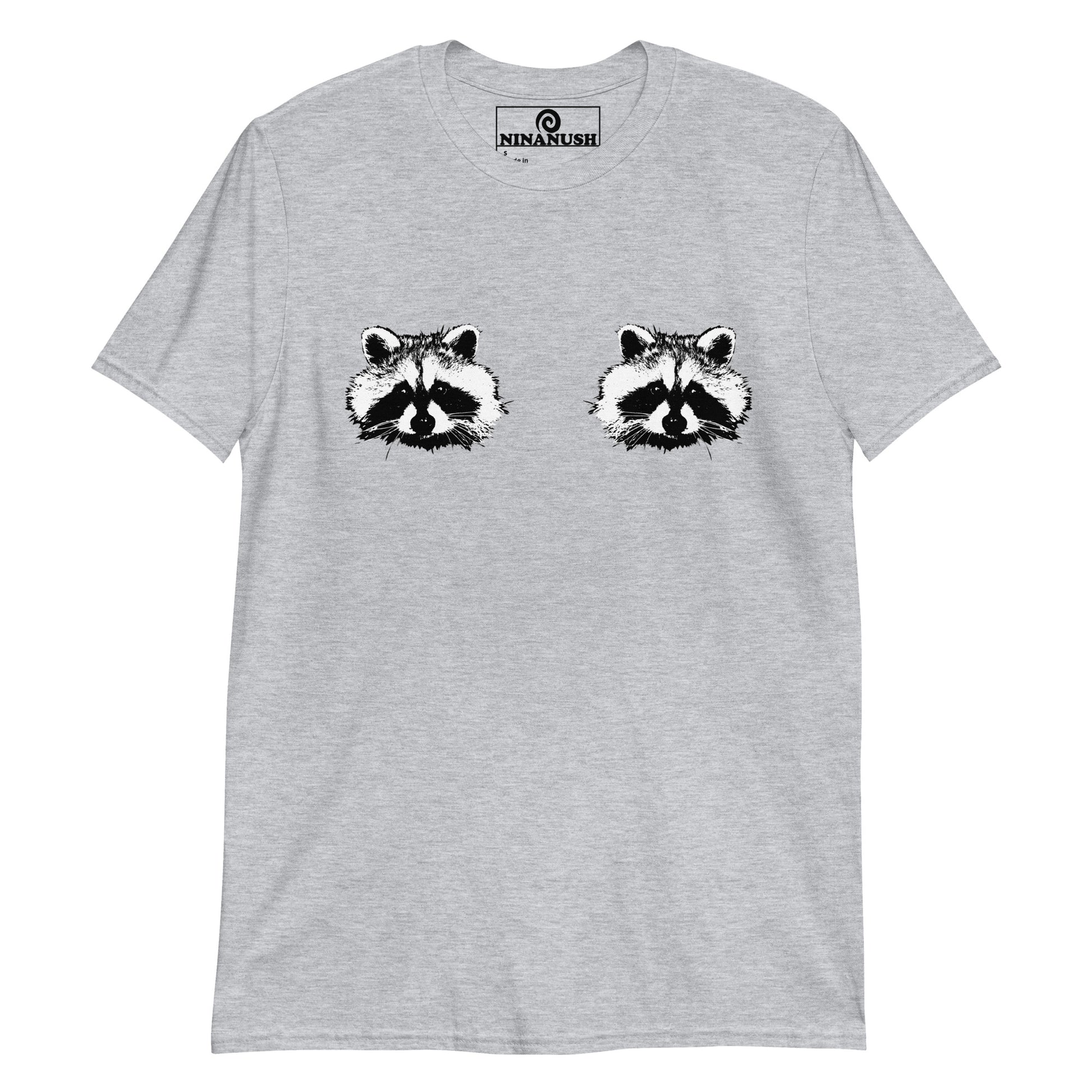 Gray Raccoon Boobs T-shirt from Nina's Funky Shop by ninanush - Do you love raccoons? Looking for a fun raccoon gift? This funny raccoon t-shirt is just what you need. It's a soft and comfortable cotton shirt with raccoons on the chest. Our black and white raccoons t-shirt design is expertly printed and made just for you. Stay weird and stand out in this raccoon boobs t-shirt. 