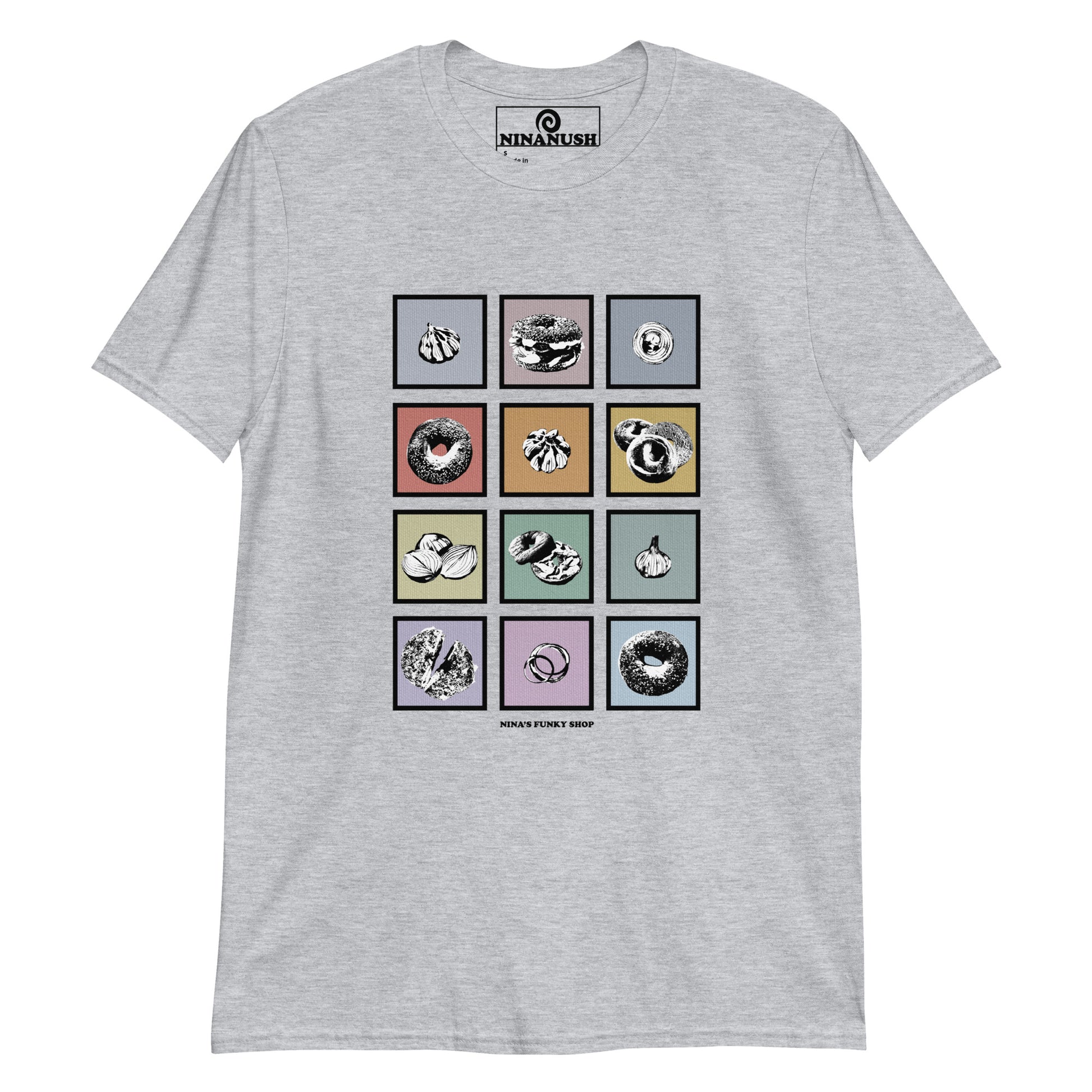 Light Gray Colorful Bagel t-shirt from Nina's Funky Shop by ninanush - Bagel enthusiast? Looking for a gift for bagel lovers? This funky bagel shirt is just for you. It features black and white bagels, garlic and onions in colorful boxes on a soft and comfortable cotton tee. Stand out and eat your favorite bagels in this funny foodie t-shirt for bagel addicts and foodies of all kinds.