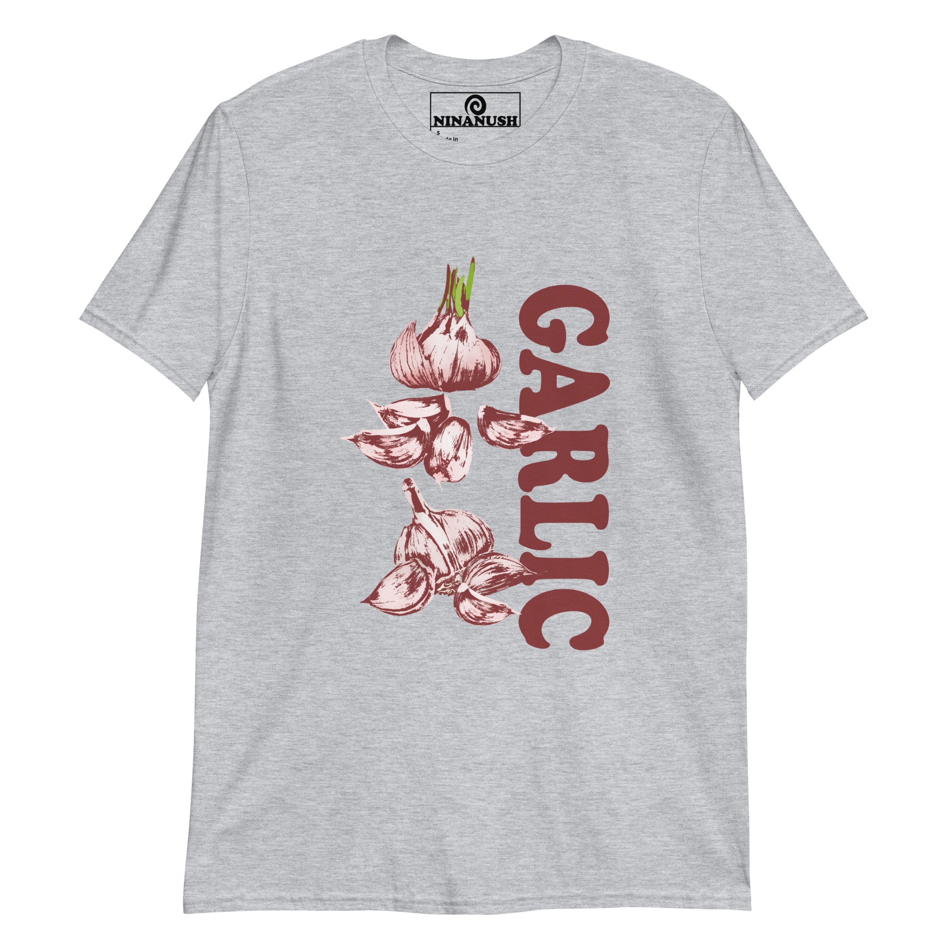 Gray Garlic cloves t-shirt design from Nina's funky Shop by ninanush - Do you love garlic? Looking for a fun foodie gift? Our funky Garlic T-shirt is just what you need. It's a soft and comfortable garlic graphic tee with a unique garlic design, expertly printed on the front. Stand out in this garlic lover t-shirt. It's the perfect funny foodie t-shirt for garlic enthusiasts and foodies of all kinds.