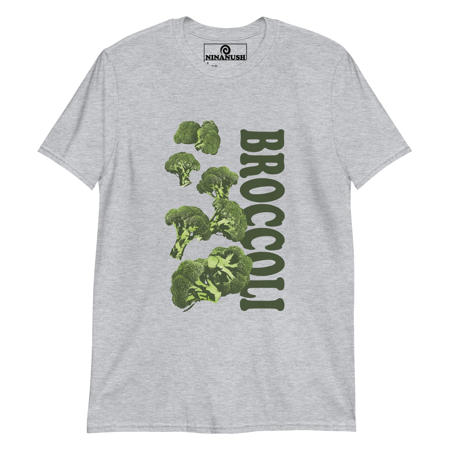 Light Gray broccoli t-shirt from Nina's Funky Shop by ninanush - Love broccoli? Looking for a funny gift? This green broccoli T-shirt has an unique veggie design by Nina, expertly printed on the front. Stand out and make a statement in this weird foodie t-shirt. It's the perfect funny foodie t-shirt for broccoli enthusiasts and foodies or a gift for quirky t-shirt lovers of all kinds.