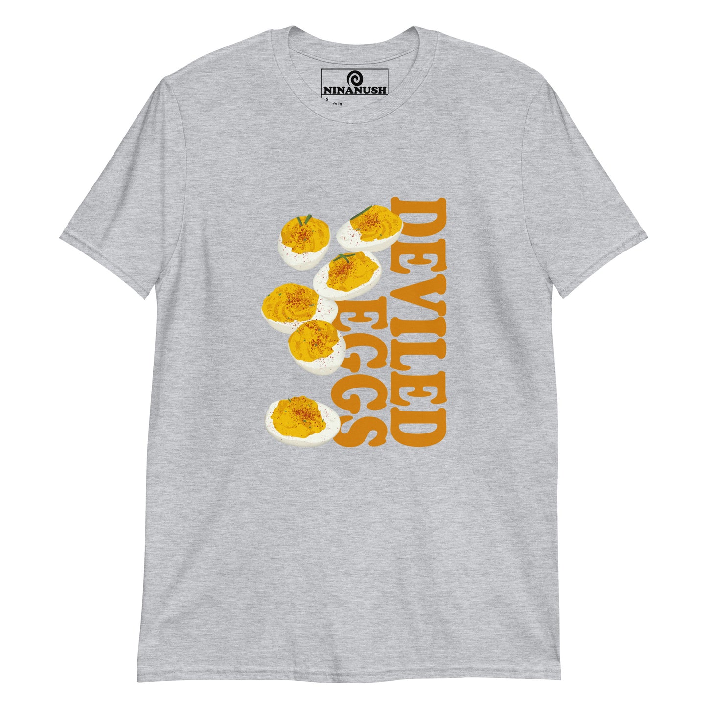 Light Gray deviled eggs t-shirt from Nina's Funky Shop by ninanush - Love deviled eggs? Looking for a funny gift for a friend? Our colorful Deviled Eggs T-shirt is just what you need. It's an egg lover t-shirt with an original design on the front. Stand out in this weird graphic tee and eat your favorite deviled eggs. It's the perfect funny foodie t-shirt for deviled egg enthusiasts.