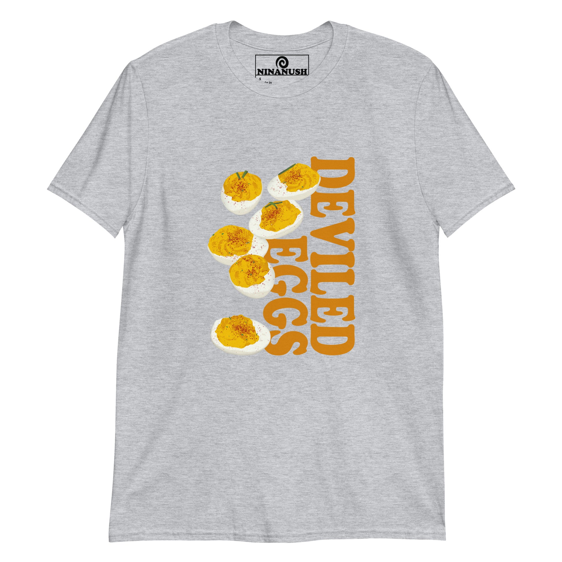 Light Gray deviled eggs t-shirt from Nina's Funky Shop by ninanush - Love deviled eggs? Looking for a funny gift for a friend? Our colorful Deviled Eggs T-shirt is just what you need. It's an egg lover t-shirt with an original design on the front. Stand out in this weird graphic tee and eat your favorite deviled eggs. It's the perfect funny foodie t-shirt for deviled egg enthusiasts.