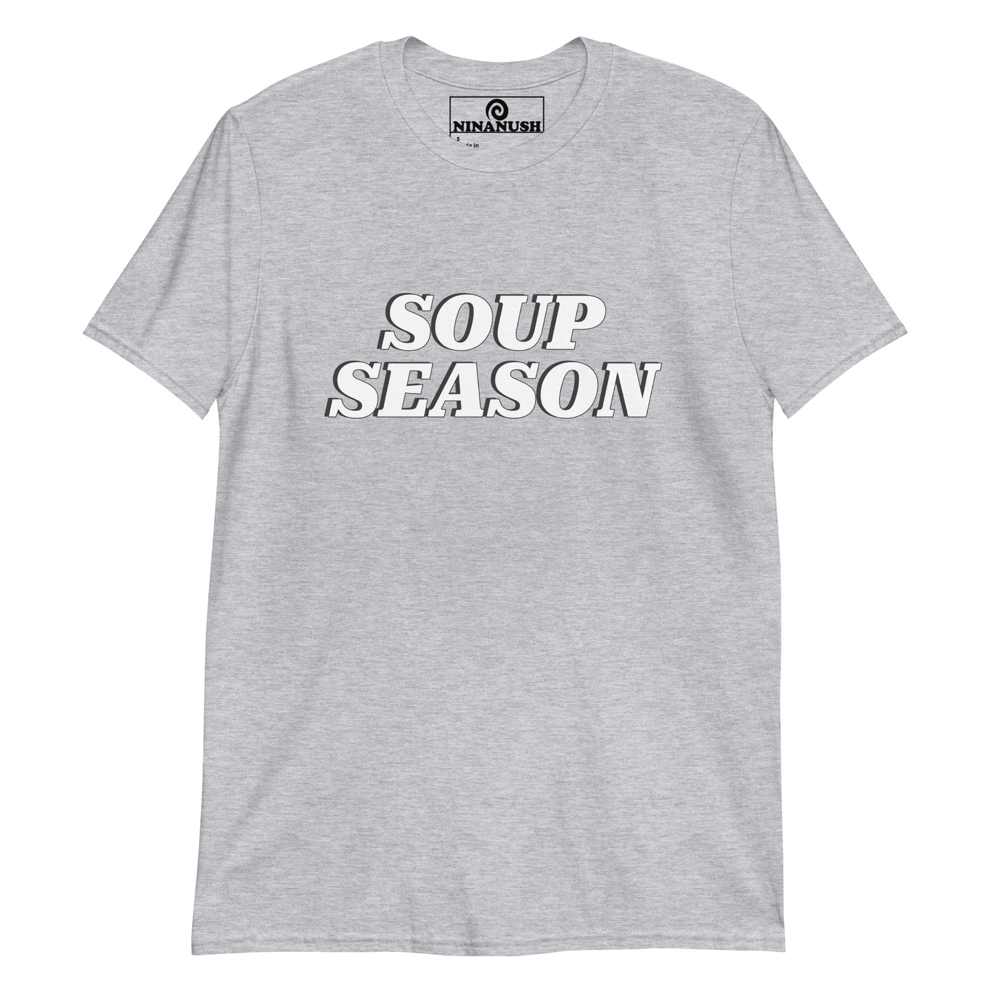 Light Gray Soup Season T-shirt from Nina's Funky Shop by ninanush - Do you love soup? Looking for a funny gift for a soup enthusiast? Our Soup Season T-shirt is soft, comfortable and just what you need. It's a unisex soup lover graphic tee that comes in a variety of colors with "Soup Season", expertly printed on the front. A funny foodie t-shirt for soup enthusiasts and winter food lovers.