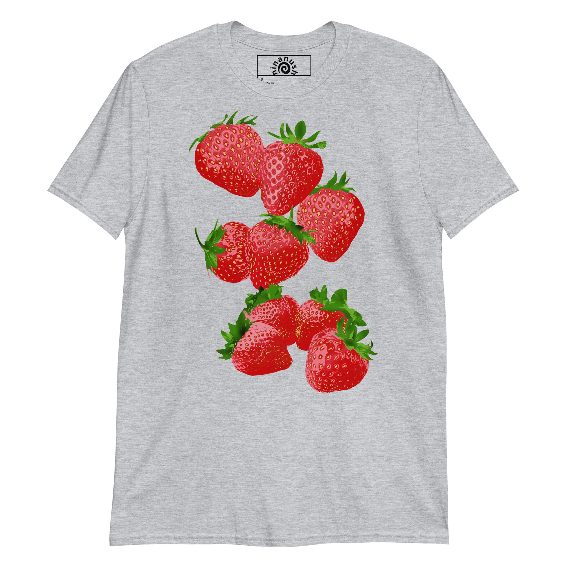 Light Gray Strawberry T-shirt from Nina's Funky Shop by ninanush - Do you love strawberries? Looking for a fun gift? Our colorful Strawberry T-shirt is just what you need. It's a soft and comfortable graphic tee with a bright, hand drawn strawberry design, expertly printed on the front. Stand out in this strawberry lover t-shirt. It's a funky foodie shirt for strawberry enthusiasts.