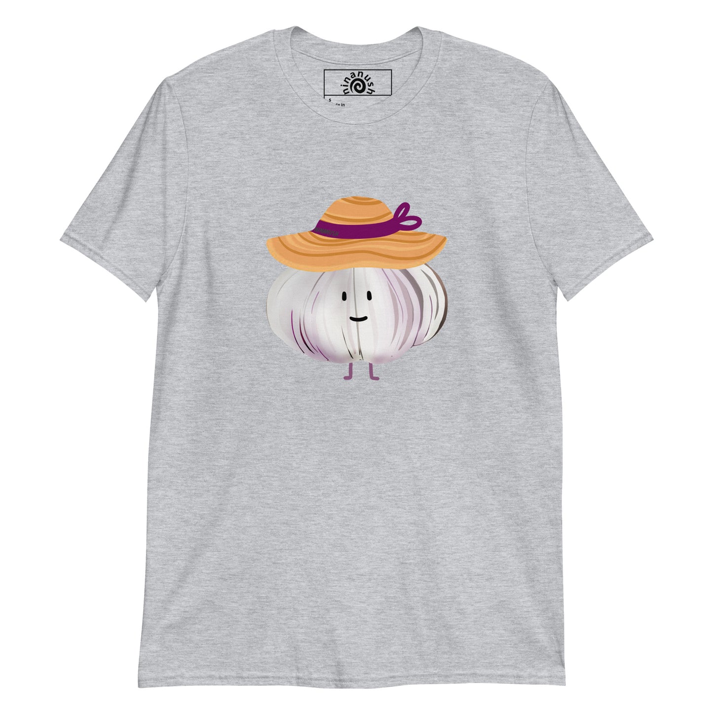 Light Gray T-shirt with A happy head of garlic wearing a sunhat from Nina's Funky Shop by ninanush - Do you love garlic? Looking for a weird graphic tee for your favorite foodie? Our Unique Garlic Design T-shirt is just what you need. It's a t-shirt with a hand drawn design of a happy garlic wearing a sunhat. Stand out in this garlic lover t-shirt. It's a funky gift for garlic enthusiasts and a quirky tee for everyday.