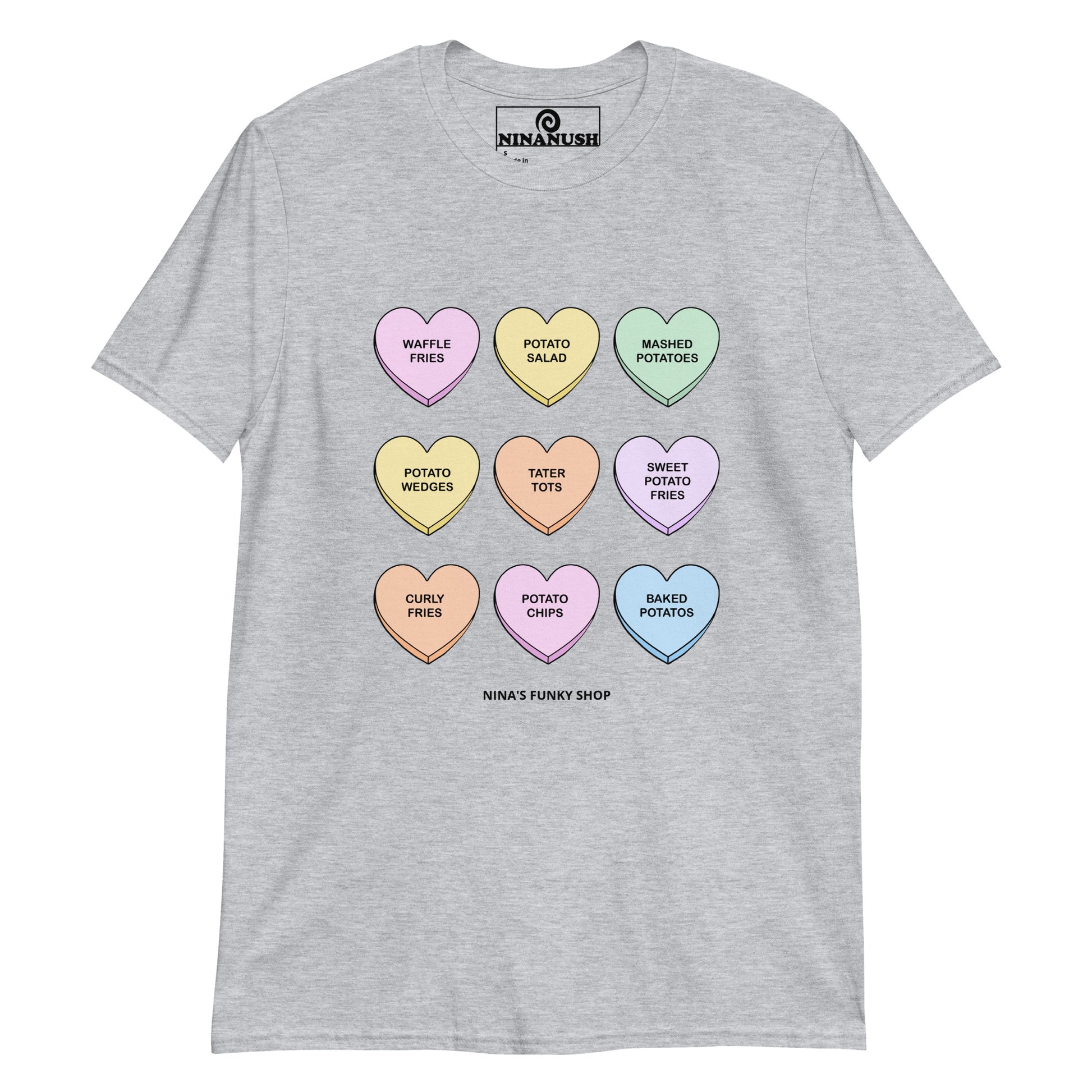 Gray Colorful Hearts Potatoes T-shirt - Do you love potatoes? Looking for a Valentine's Day gift? Our Valentine's Potatoes T-shirt is just what you need. It's a soft and comfortable cotton shirt with a funny Valentine design of colorful hearts with different potato foods. It's the perfect graphic tee for Valentine's Day and everyday potato enthusiasts. 