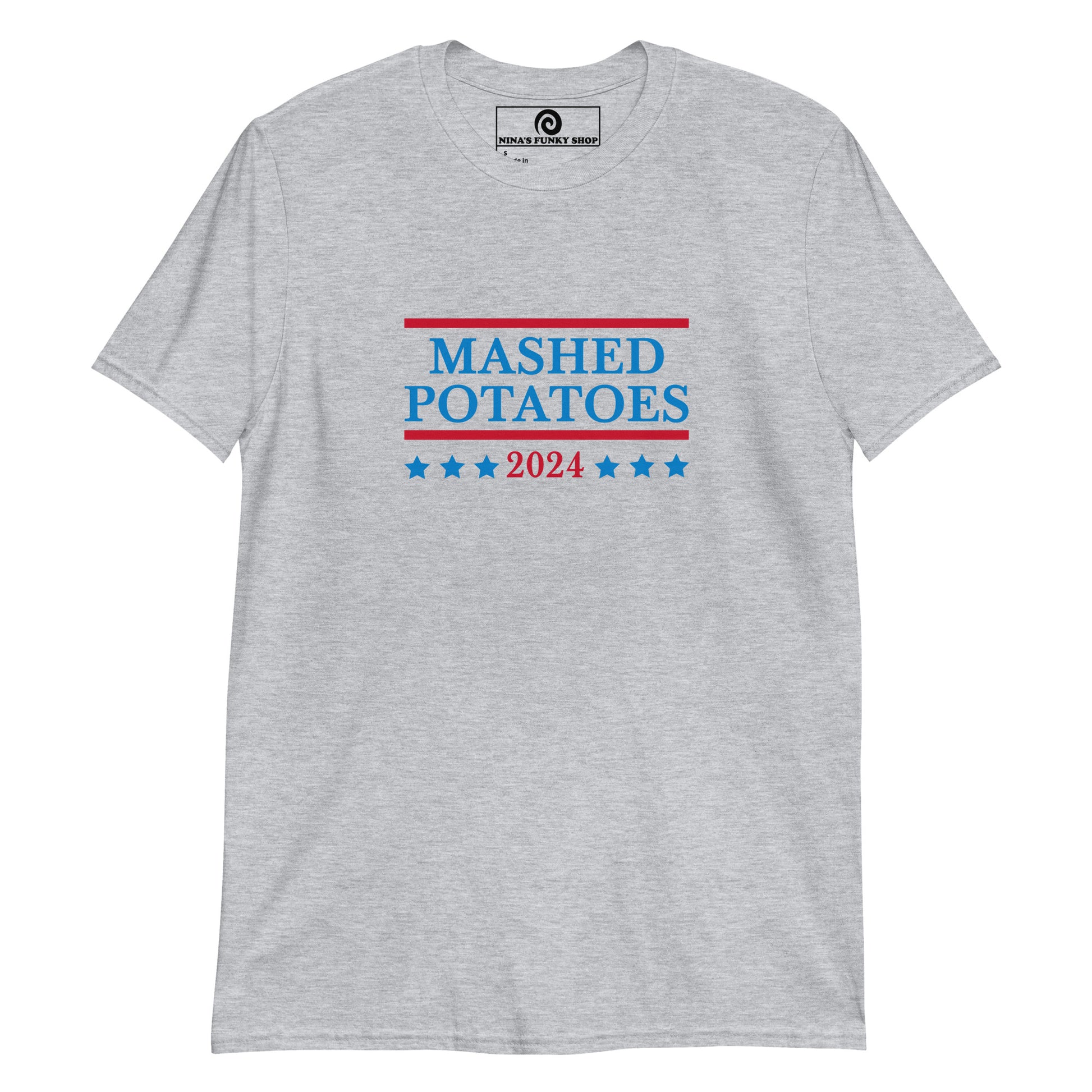 Light Gray funny political t-shirt for mashed potato lovers - Are you a mashed potato enthusiast? Looking for a funny voting t-shirt? Our Mashed Potatoes 2024 Election T-shirt is just what you need. It's a cotton tee with a funny vote design, expertly printed on the front. The perfect tee for mashed potato lovers and a controversial political t-shirt design for everyday foodies.