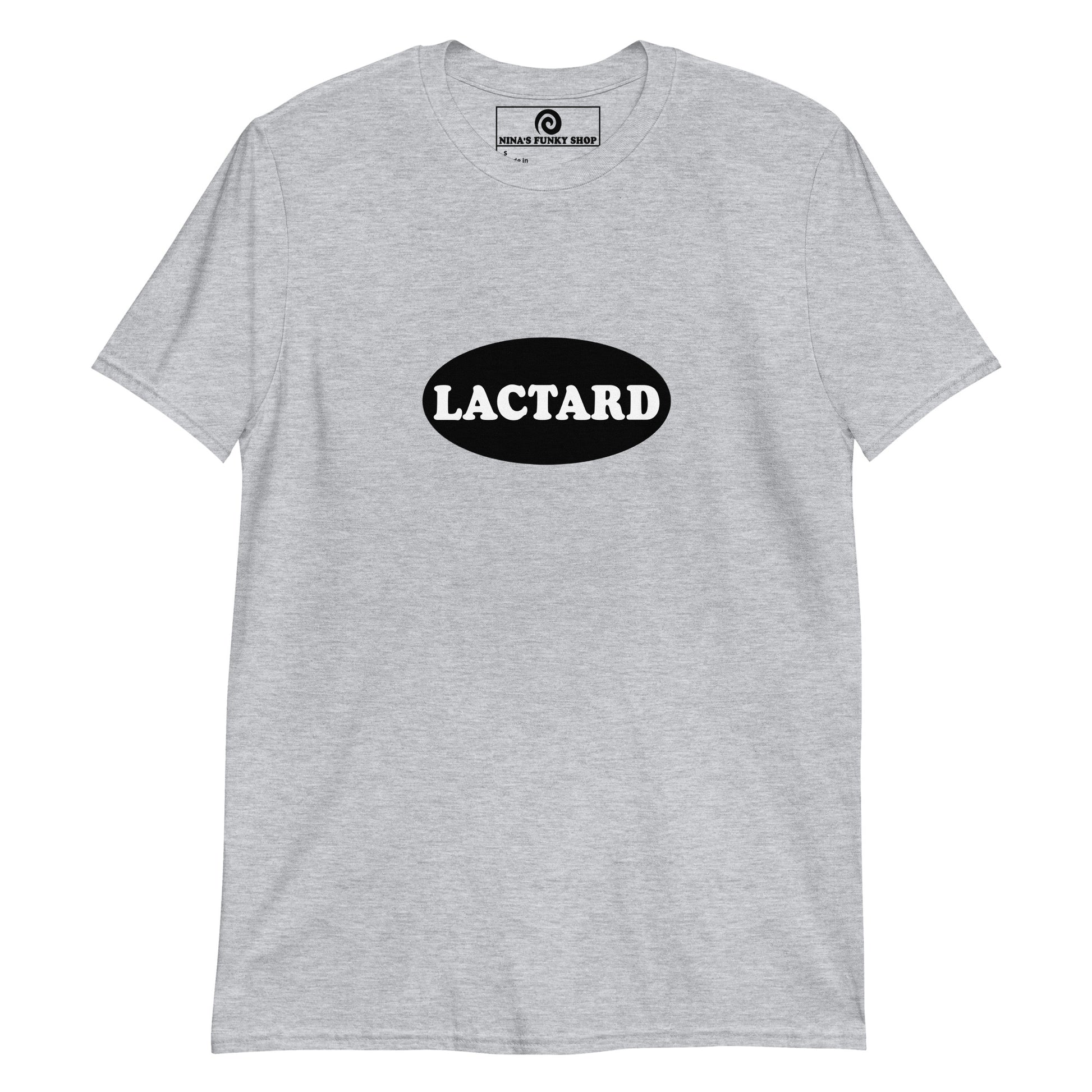 Light Gray Lactard T-shirt - Cant handle dairy? Looking for a funny gift for a lactose intolerant friend? Our Lactard T-shirt is just what you need. It's a soft and comfortable t-shirt with a black and white design, expertly printed on the front. Celebrate your favorite foods in our funky foodie clothing, designed by Nina and made just for you.